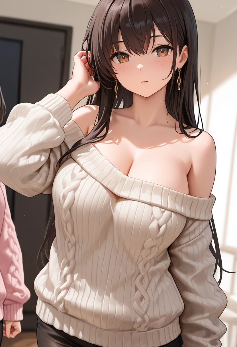 (table top, highest quality, High resolution, , perfect pixel, 4k,), 1 girl, single, alone, Beautiful woman、I could see the whole body、 ((wavy middle hair, bangs, brown hair)), ((brown eyes, beautiful eyelashes, realistic eyes)), ((detailed face, blush:1.2)), ((smooth texture:0.75, realistic texture:0.65, realistic:1.1, Anime CG style)), medium breasts, dynamic angle, perfect body, ((, beige off shoulder sweater、Tight denim skirt、black stockings、cute necklace、earrings、)), upper grade、shy smile、Luxury hotel room、lie down on the sofa、((open legs))、angle from below、Put your arms together to accentuate your cleavage、、((Pink lace panties are visible))、