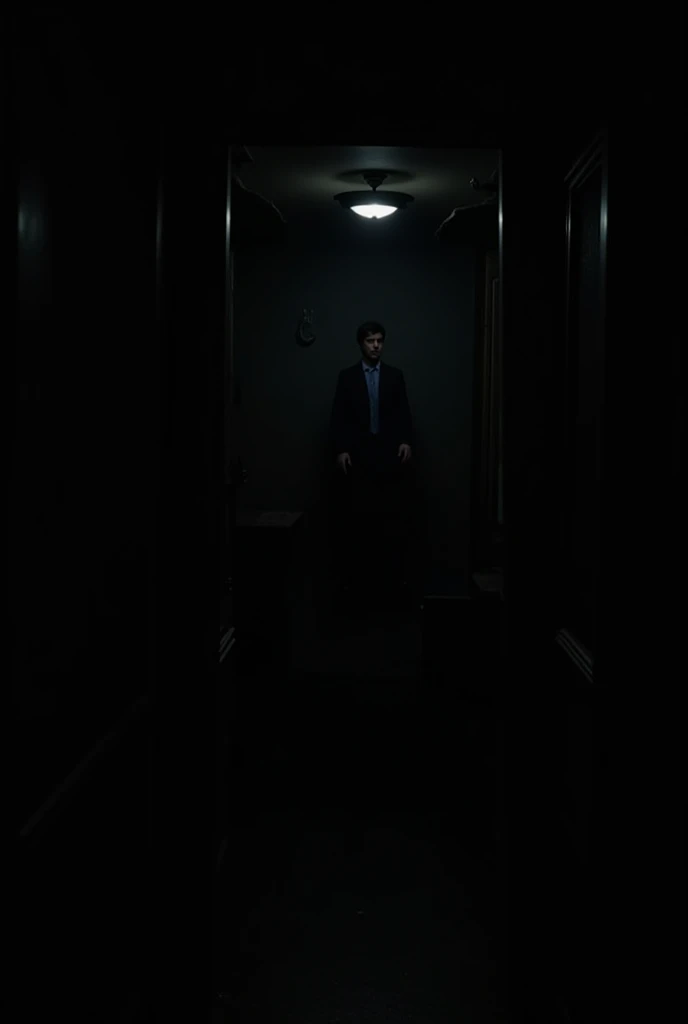 pitch-black corridor inside an ancient, abandoned mansion. Faint candlelight flickers, casting moving shadows on the cracked walls. A young man stares in horror as his own reflection steps out from the wardrobe, eyes pure black, lips curled in an unnatural smile. Behind him, his friend screams, the door slamming shut on its own."