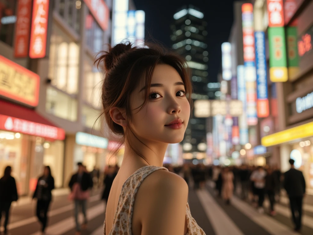 Girl in her 15s, Japanese, slim, (White panties), Ponytail, White shirt, tie, tiny chest, Smile, on tokyo street, Night, neon signs, traffic, Dark theme, analog style, Photo, Photography, Polaroid Shot, Vintage 1980, Film Shots,