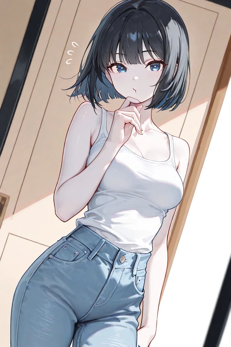 1girl, short black hair, blue eyes, wearing sexy white shirt, cleavage, denim shorts, white background, high res, ulttrasharp, BK, masterpiece, looking at viewer