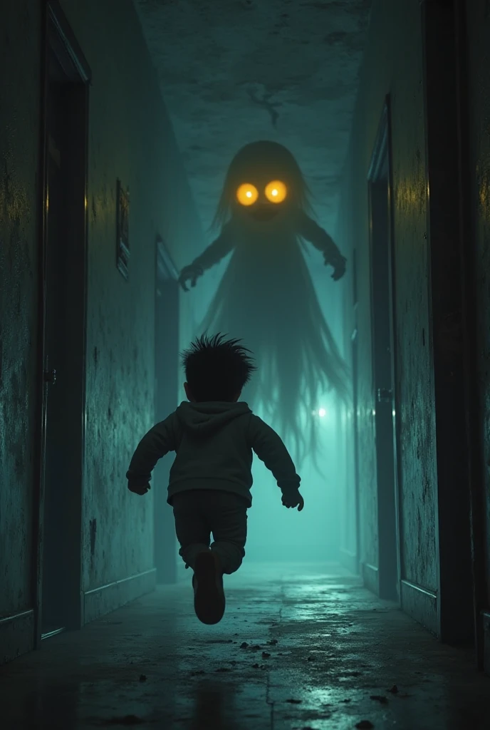 The art has to be in the style of Coraline and the Secret World, that is, in 3D, a man with button eyes, light, cracked skin, he has white hair, he is smiling with sharp teeth, his entire body is stretched out, he is extremely huge, he is wearing an orange sweatshirt, his hands have needles where his fingers should be, and his arms are very stretched out, and instead of having feet, he has needle legs like a spider, he is in a room that is glowing green, he is running after a child, a 6-year-old boy wearing a blue raincoat, you can't see the boy's face.
