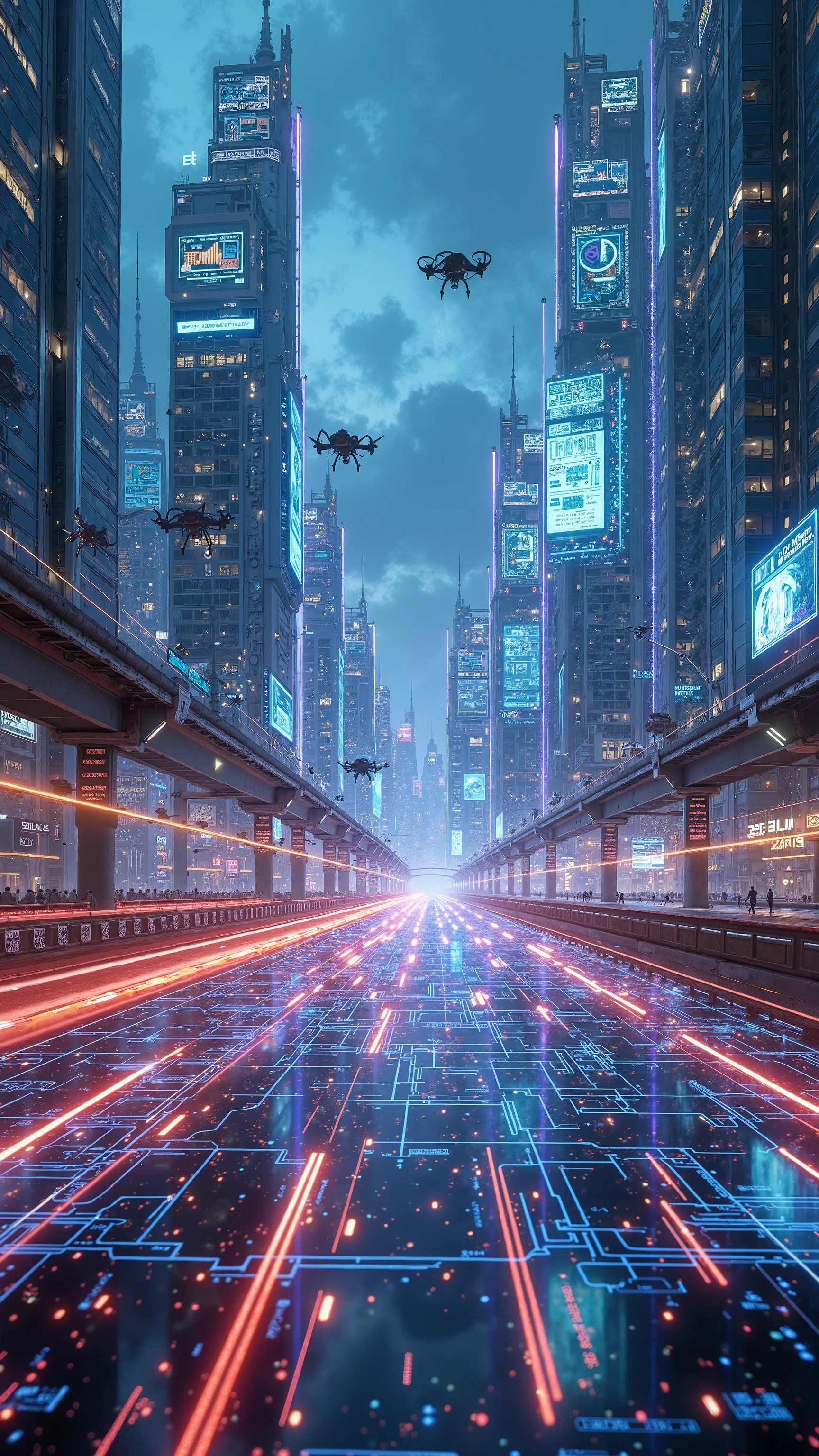 A high-tech cybernetic cityscape, pulsating with neon lights, holographic data streams, and rapid digital movement, capturing the essence of a futuristic smart metropolis. The scene is an electrifying fusion of advanced technology, AI-driven infrastructure, and high-speed digital networks, seamlessly integrated into an ultra-modern urban environment.

The foreground showcases a dynamic, grid-like digital interface, projected onto the surface of the city streets. This holographic network pulses with streams of binary code, real-time data points, and augmented reality overlays, constantly shifting and evolving. Blazing light trails streak across the scene, representing the rapid movement of autonomous vehicles, drones, or data transfers, creating an energetic and immersive visual effect.

Above, massive holographic projections and transparent heads-up displays (HUDs) float in mid-air, showcasing real-time analytics, futuristic advertisements, and AI-controlled monitoring systems. Rotating graphs, fluctuating statistics, and digital schematics hover in space, reinforcing the idea of a world governed by hyper-advanced information systems. Some projections appear as virtual blueprints of the city itself, displaying 3D models of skyscrapers, transportation routes, and cybersecurity defenses.

In the background, towering skyscrapers with sleek, glass facades reflect the dazzling neon glow of the environment. These buildings are embedded with luminescent circuit-like patterns, glowing softly as if they are living, breathing components of an AI-controlled ecosystem. Elevated highways and bridges stretch into the distance, connecting different parts of the city, while autonomous drones patrol the sky, scanning and relaying data through glowing energy beams.

The color palette is dominated by electric blues, radiant whites, and deep cyberpunk purples, enhancing the digital atmosphere. The interplay of light and shadow, combined with the motion blur from the fast-moving digital