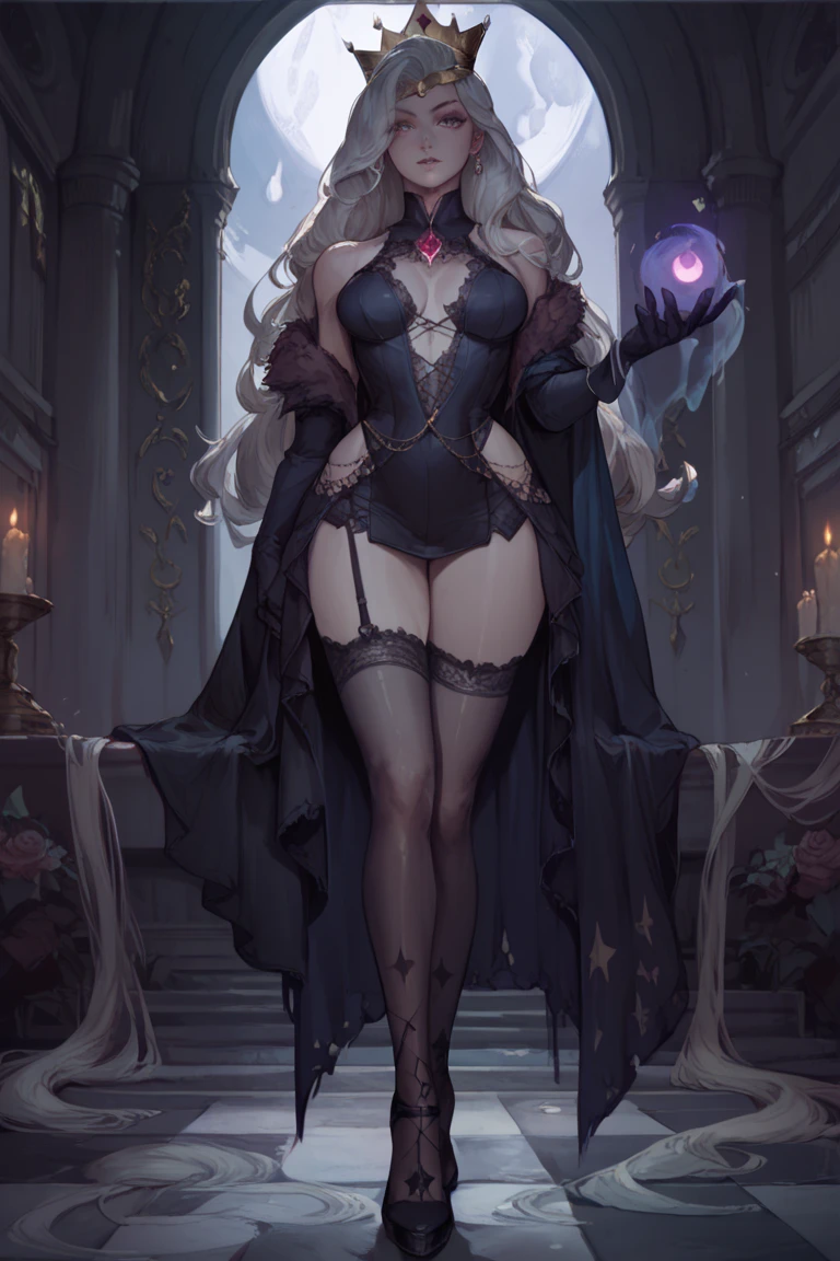 Masterpiece, top quality, best quality, official art, beautiful and aesthetic, anime, 1girl,extremely detailed, colorful, more detailed ((ultra-detailed)), (highly detailed CG illustration),Best Quality, High resolution, Unity 8k Wallpaper, (Illustration:0.8), (Beautiful detailed eyes:1.6), extra detailed face, Perfect Lighting, extremely details CG, (Perfect hands, Perfect Anatomy), church, benches, icons, candles, dark light, crosses, 1girl, 30 years,long white hair,big green eyes, devil horns,long robe,medium breast,long legs,fishnet stockings,stocking suspenders,thighs,heels,staing in middle,looking in camera, from below, from behind.