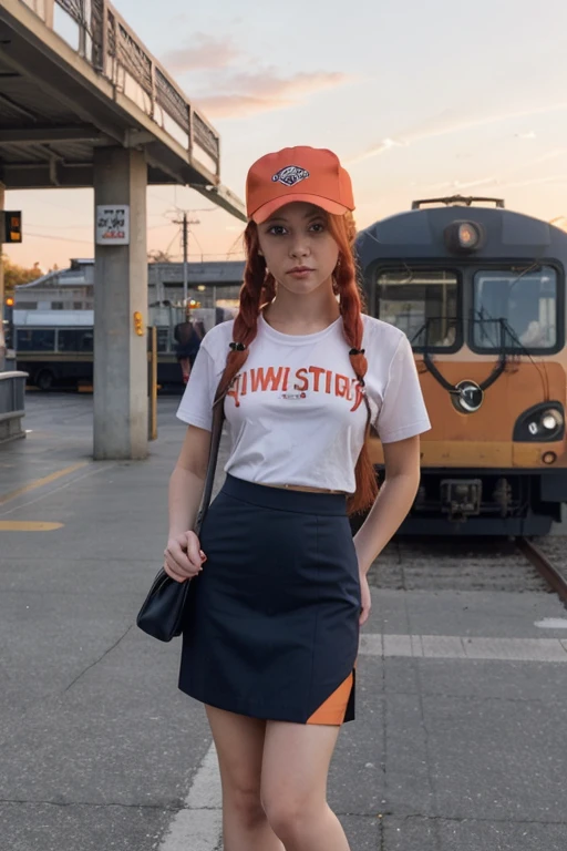 1 girl, Alone, Red hair, Red eyes, two tails, employee uniform, tube skirt, skull print, navy blue cap, Orange sky,, outdoor, train station, standing in front of the bus,,