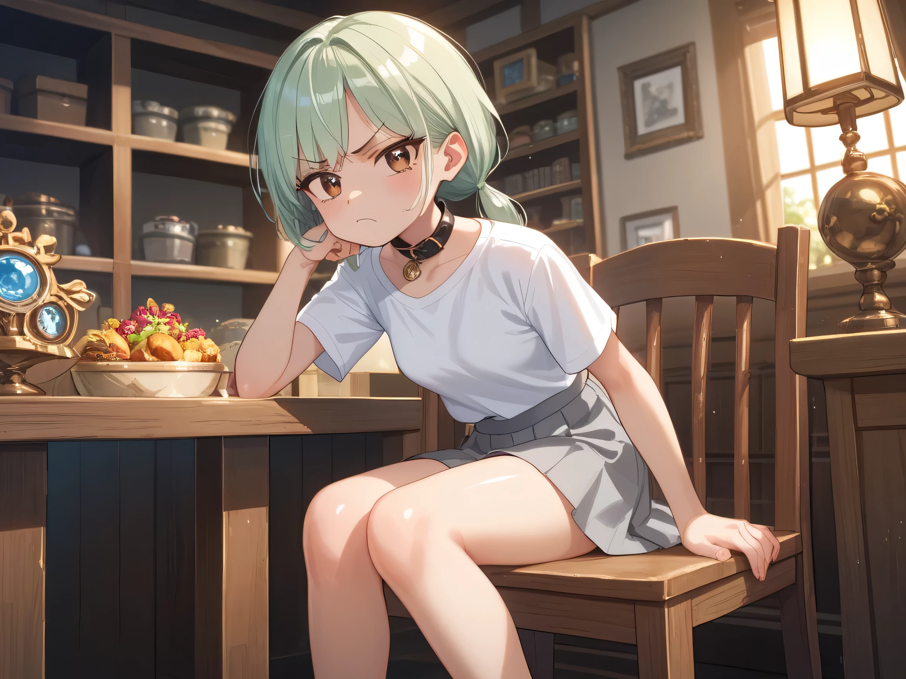 NSFW, masterpiece, 1 girl,  small sized breasts, Grey Skirt, White shirt,  Short stature,  low twin tails, (light green middle hair), Brown eyes,  (Black collar), Background is a dark room, strong facial expression,[sharp eye], [scowl],  She is sitting on a wooden chair,  BREAK ,score_9, score_8_up, score_7_up, (5 finger:0.8), shiny, shiny skin, shiny hair, soft body,
