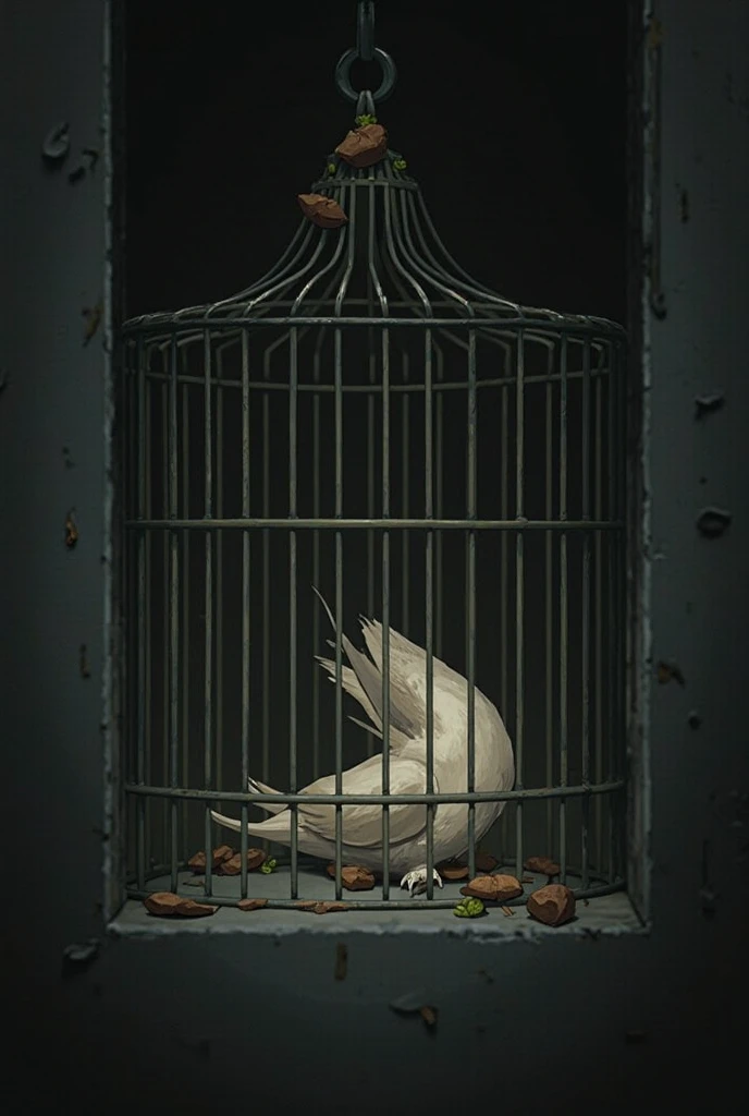 close up of bloody white bird feathers inside an empty open birdcage in a living room, nightmare 