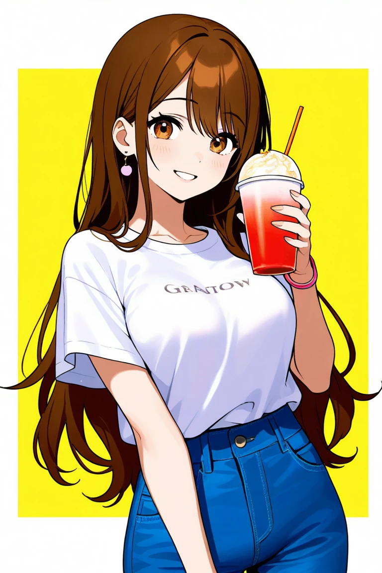 (masterpiece, best quality, absurdres, very detailed eyes), 1girl, solo, solofocus, large breasts, brown hair, long hair, blunt bangs, yellow eyes, closeup, teenager, on billboard, girl holding vodka bottle, advertisement billboard, yellow billboard background, green sweater, vodka bottle, drinking