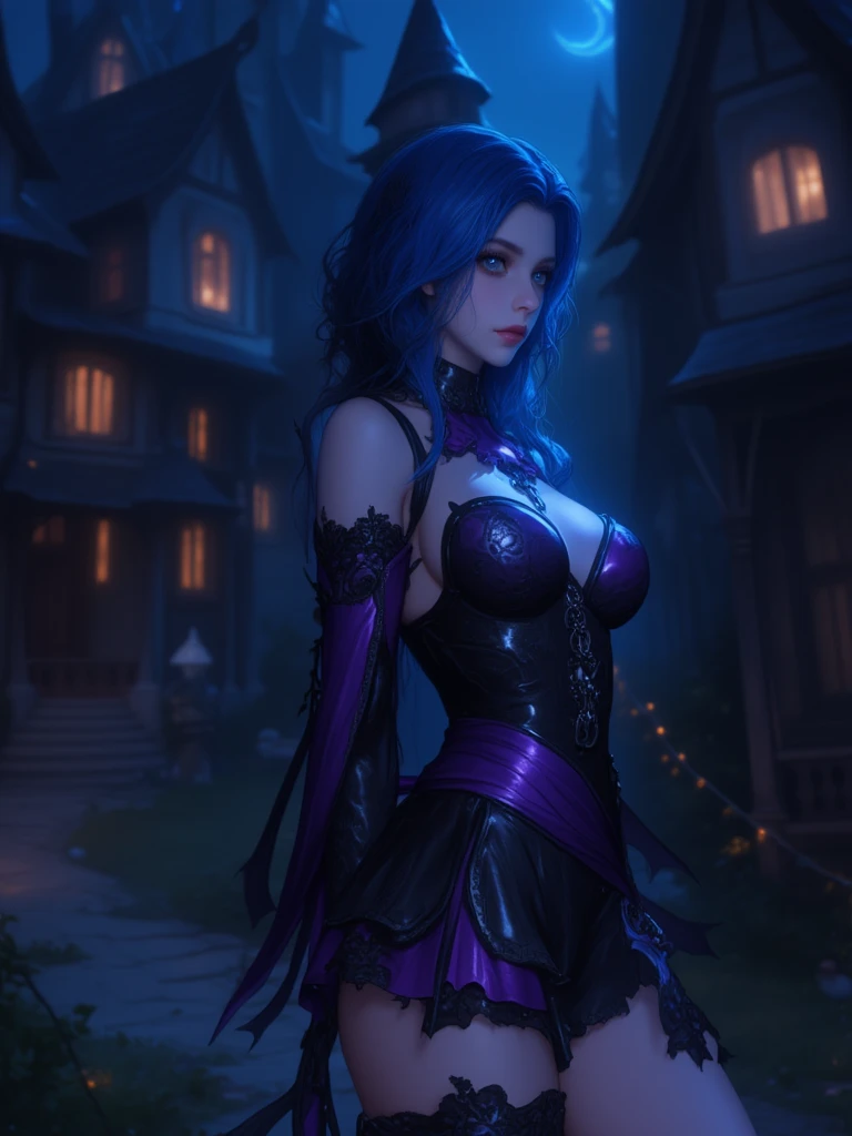 A sensual vampire woman with black and purple hair with blood in her mouth