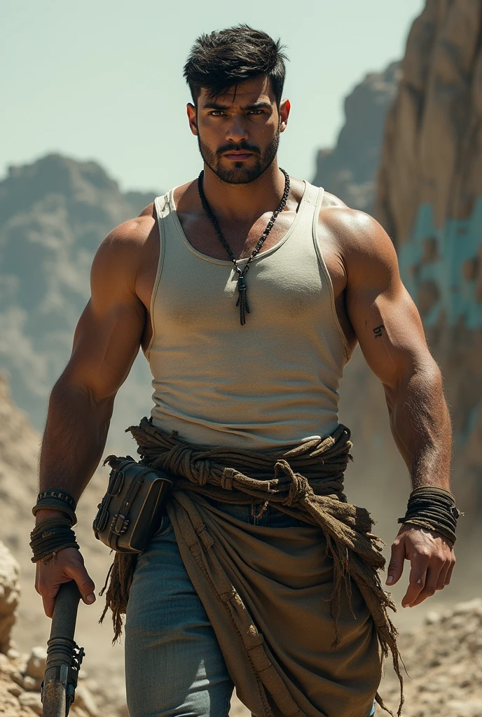 A very muscular man who sweats a lot in the sun
