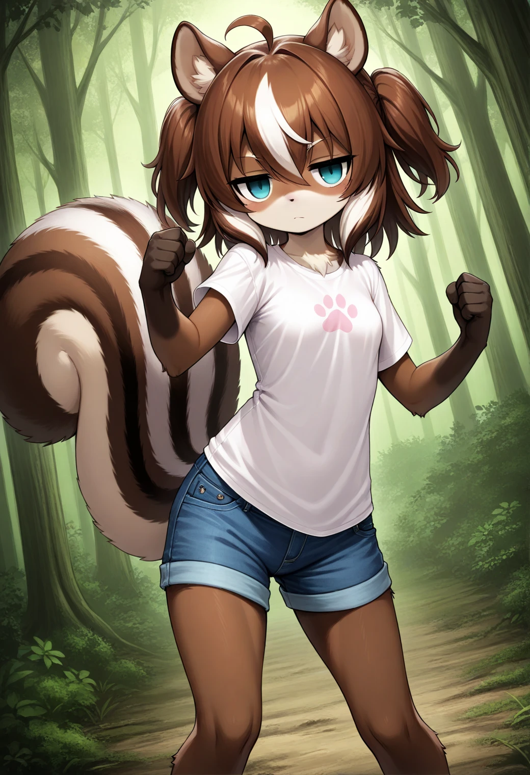 absurd resolution, high resolution, (Masterpiece), hyperdetailed, fantastic field, pink landscape, 1 teenage woman, 14 years, short stature, Brown hair, messy and short, He has a big white streak in his hair., hair clips, black eyes, scars and scratches all over the body , Black polo with gradient, long gloves, a black leather necklace, Short black shorts, raccoon ears, raccoon tail, innocent expression, sitting on the grass, huge black sneakers, Claws and Fangs, ear piercings, BRACELET, Emo, she doesn&#39;t have breasts.