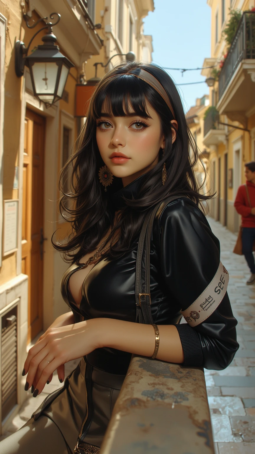 best quality, masterpiece, 4k, absurd res, UHD, ultra-detailed, detailed eyes, detailed skin, detailed hair, detailed face, (face of Dua Lipa:Alicia Vikander), detailed fabric, (1 young beautiful girl, solo:1.1), working class hero, riot in the background, comunist, ragged clothes.