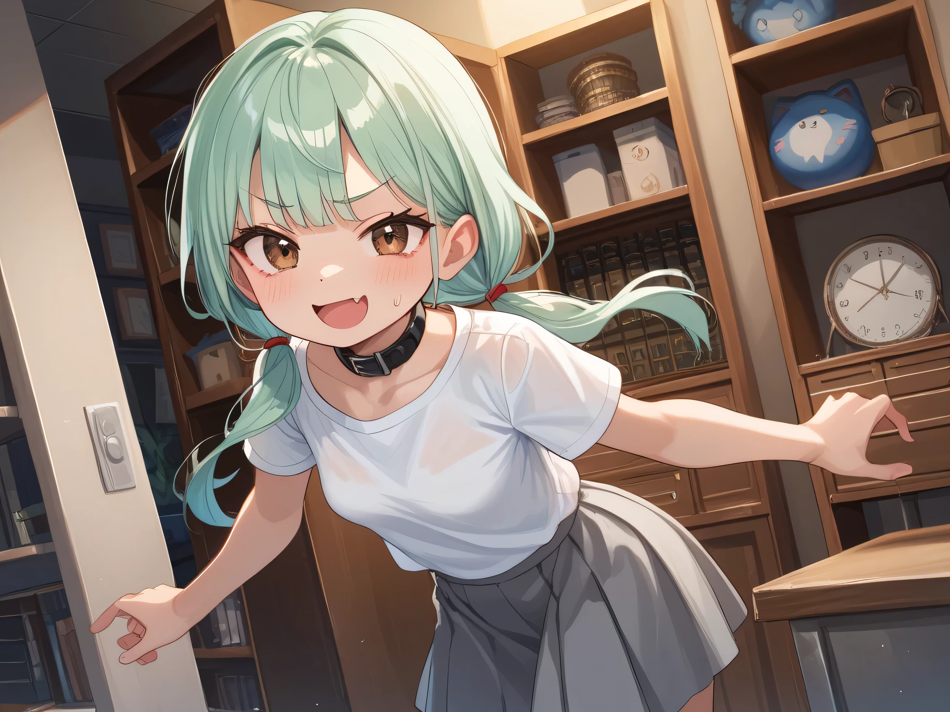 NSFW, masterpiece, 1 girl, small sized breasts, (She is standing in front of the shelf), Grey Skirt, White shirt, Short stature, low twin tails, (light green middle hair), Brown eyes, (Black collar), Background is a dark room, (Evil smug face:0.7), BREAK ,score_9, score_8_up, score_7_up, (5 finger:0.8), shiny, shiny skin, shiny hair, soft body,