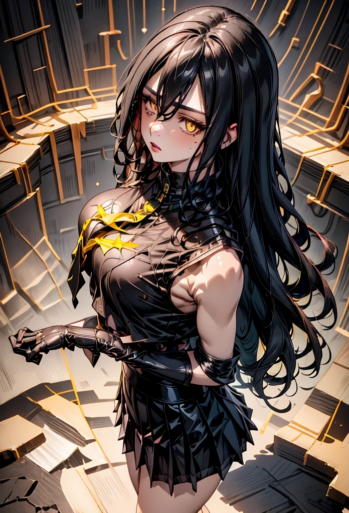 (caustics, masterpiece, best quality, high quality, ultra detailed), (black hood, black jacket, scary face, black costume, black gloves, 1girl, solo, curly, covering one eye, hair over one eye, black hair, black eyes, black skin, black, twintails, low twintails), (parody, formal, style parody, cage, Inside the Jail, in the cage:2.0), scenery, cowboy shot, teeth, sleeveless, armpits, hair over one eye, grin, facing viewer, beautiful, sad, grumpy, annoyed, disgust, shy, angry, tearful, crying, weeping, shedding tears, streaming tears, wiping tears, sobbing, frowning, scowl, pissed off, glaring, seiza, standing upright, GtsGiga,outdoors, trying to bend the bars,fanasty,Gtscity,cityscape, town square,giantess captured in a cage,hands on the bar,in a cell,imprisoned