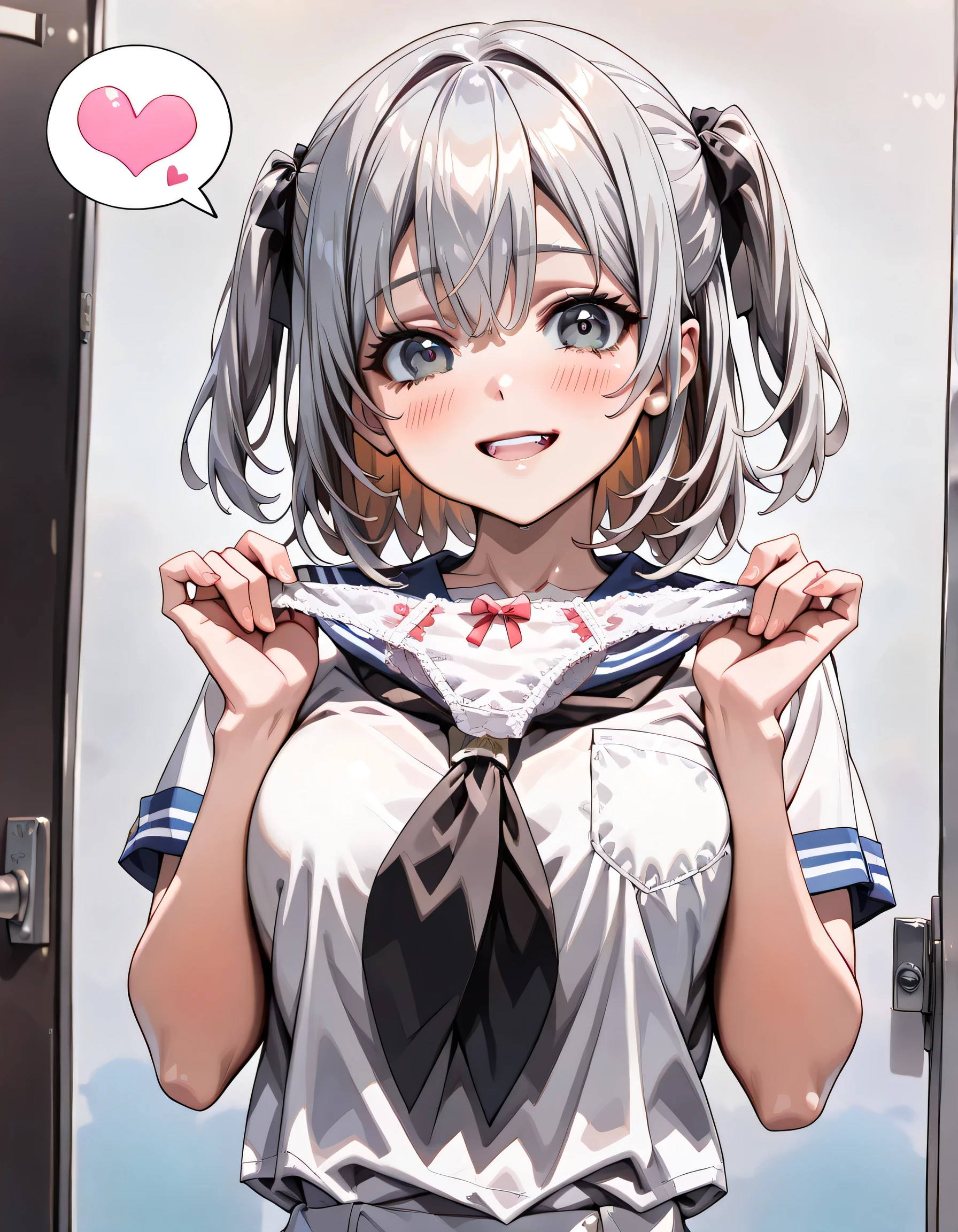 ((ultra-detailed)), (highly detailed CG illustration), (best quality:1.2), ultra-highly detailed, colorful composition, artistic photoshoot, 1girl, solo focus, ((upper body:1.4)), moe anime character, age girl, dainty facial structure, (baby face), (round face), ((rounded chin:1.2)), celia-default, celia claire, (blue eyes), ((silver hair color)), ((two side up hair)), ample breasts, school uniform, sailor suit, traditional Japanese style with navy blue and white colors, :q, licking lips, one eye closed, ((grin:1.3)), ((blush:1.4)), ((looking viewer)), ((holding a white panties:1.4)), ((spoken Heart:1.4)), ((pink heart background)), from front, best quality, masterpiece, expecting, pink cheek, blush, light pink gloss slip, portrait, depth of field, soft lighting, sidelighting, (shine), lighting, caustics, ray tracing, smile, perfect face, lustrous skin, highly detailed face, highly detailed eyes, perfect face, perfect nose, perfect hair, perfect eyes, perfect anatomy, beautiful hair, beautiful small face, extremely detailed face, beautiful detailed eyes, beautiful clavicle, beautiful body, beautiful ample breasts, leavage, breasts squeezed together, equalize the size of the left and right breasts, beautiful thin thighs, beautiful legs, beautiful fingers, 4 fingers, 1 thumb, lovely, (very detailed background:1.0), (highly detailed background:1.0), spring aesthetic, intricate details, joyful atmosphere, spring colors palette, chromatic aberration