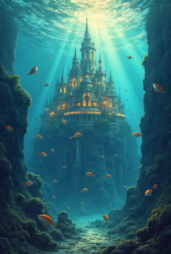 Illustration of a magnificent city with glowing buildings on the bottom ...