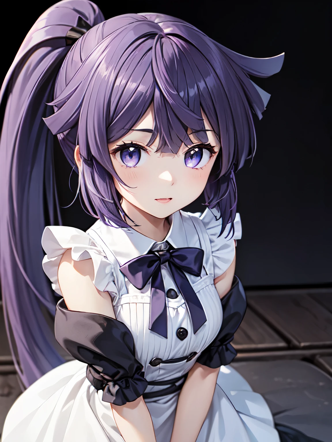 Super Detail、high resolution、very detailed、美しい詳細のgirl、 、top quality、Akatsuki、upper body、Three-dimensional、(purple hair close to black on black、shining eyes、Beautiful City Eyes Shining in Seven Colors)、 Bundle Ponytail、 cute 、 アニメのgirl 、 Akatsuki 、 bow 、 masterpiece 、 top quality 、 Hi-Res 、 Black and purple hair 、 maid cafe next to the customer 、Fluttering gothic ta clothes、 (White clothing)、girl、 cute 、 purple bangs 、 blue eyes 、 髪のbow、long ponytail hair、purple color hair、