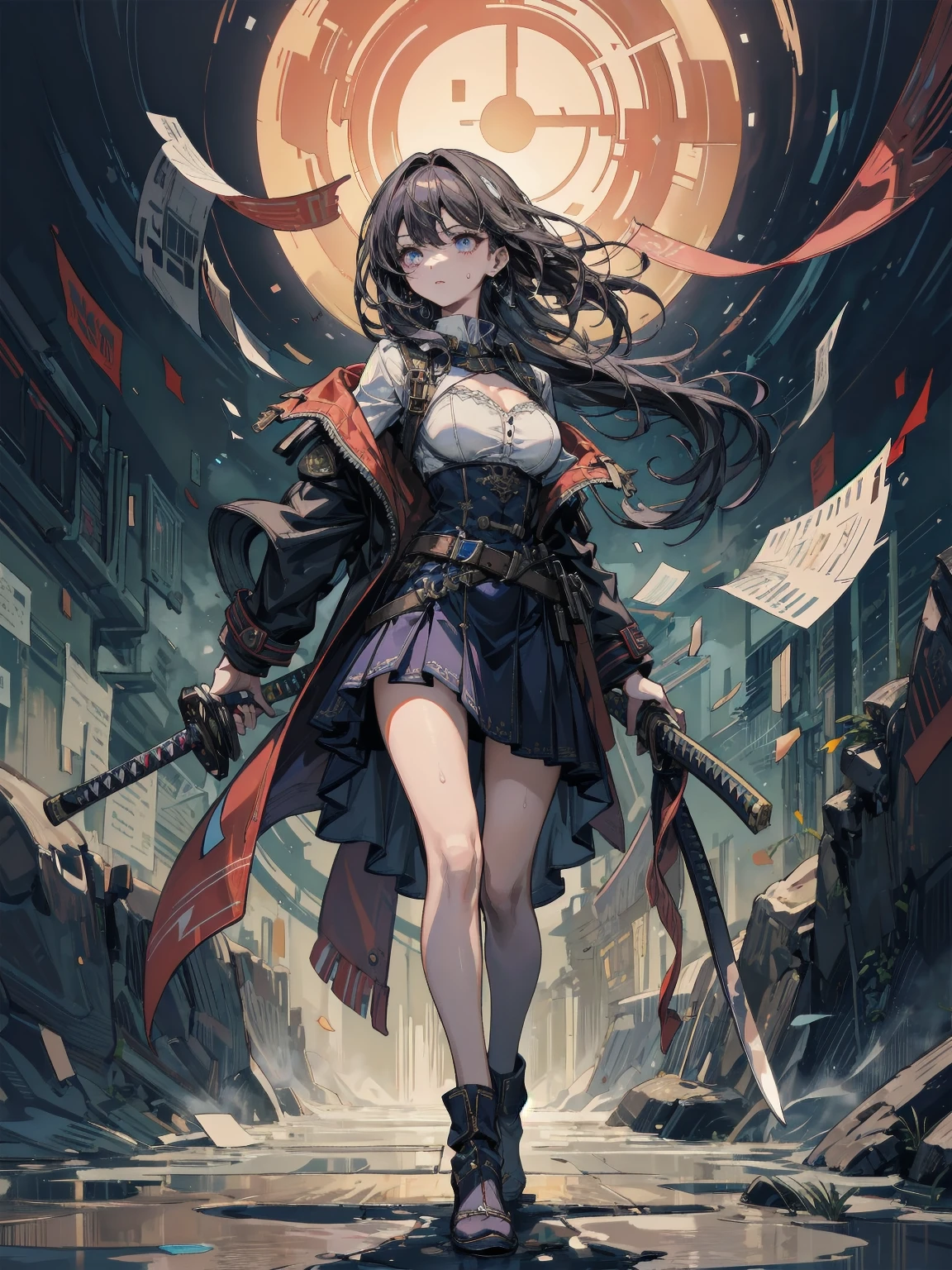 ((full body)),Teenage Girls in Anime, Blue and grey metal armor, Blue hand and thigh accessories, Short dark blue-gray hair, hair accessory, Grey Eyes, Silver earrings, nose, Curious, Healthy Skin, Very dirty, head, shoulder, Small box, arms, Have a map, Narrow waist, feet, Medium thighs, Has black robotic legs, cute, Bright colors on the shirt, Futuristic marble white palace, Shining light in the sky, Stand next to a wall, Cinematic Light, High resolution, Highest quality, Super detailed, Detailed face, (Detailed eyes), Highest quality, Super detailed, masterpiece, (Detailed face), Beautiful face, feetを見せて, short hair