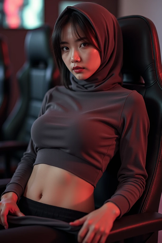 (beautifull gamer lady, (((wearing hijab))), looking to the computer monitor, wearing expensive headphone, sit on luxury gaming chair, wear mini sport bra and mini skirt, expensive gaming room, full of gaming tools, neon flex on the wall, lamp off, expensive gaming pc on gaming desk, (show cleaveage), beautifull face, beautifull eyes, beautifull nose, sexy lips, raytracing, nsfw, beautifull fingers, beautifull hands, sexy belly, sexy body, sexy shoulders, sexy legs, sexy hips, (luxury bracelet), (luxury ring), (luxury necklace), white skin, (4 fingers in 1 hand), full body picture, pretty makeup, good lighting, realistic shadow, professional photography, blue color scheme, 2k resolution, perfect anatomy, nsfw, view from top angle, cyberpunk style, wearing VR