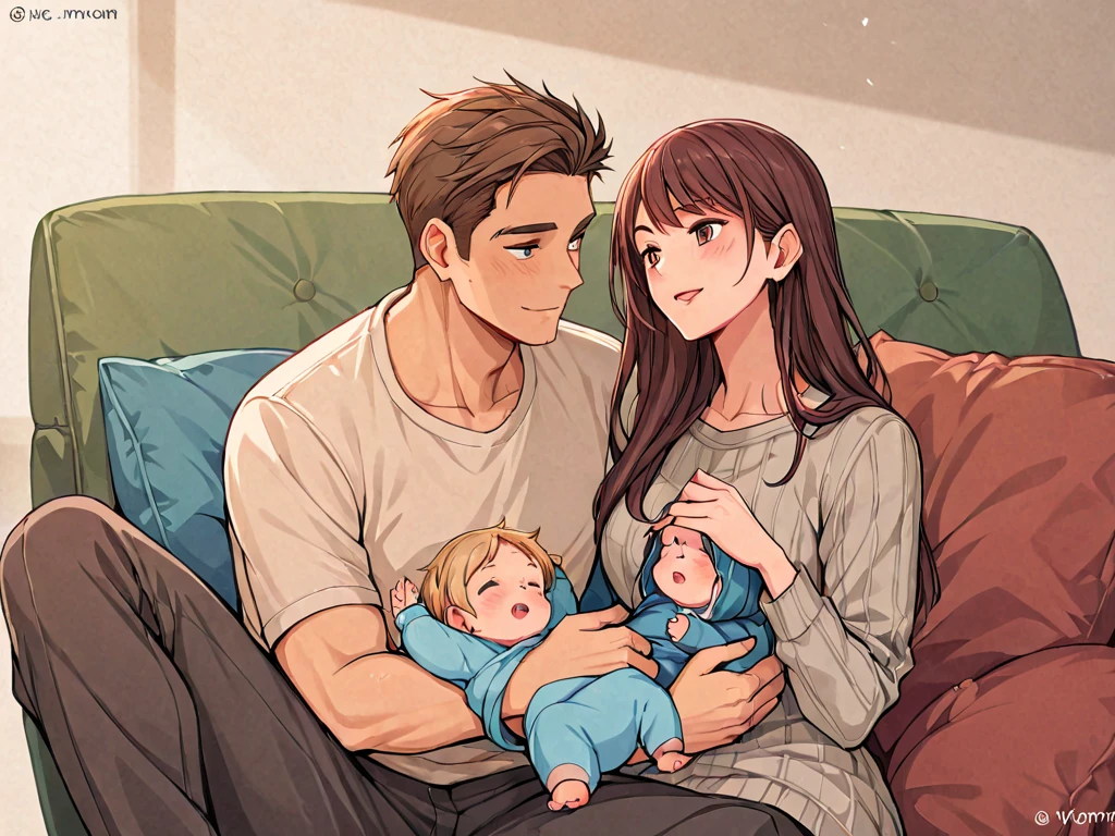 check_9, check_8_up, check_7_up, source_anime, 1 boy, 1 girl, mature woman smiling, Mother and son, Child, sitting next to you, looking at each other, mother's hand on her son's lips, in the bathroom, mom in her sexy red lingerie, son small penis erected, cum