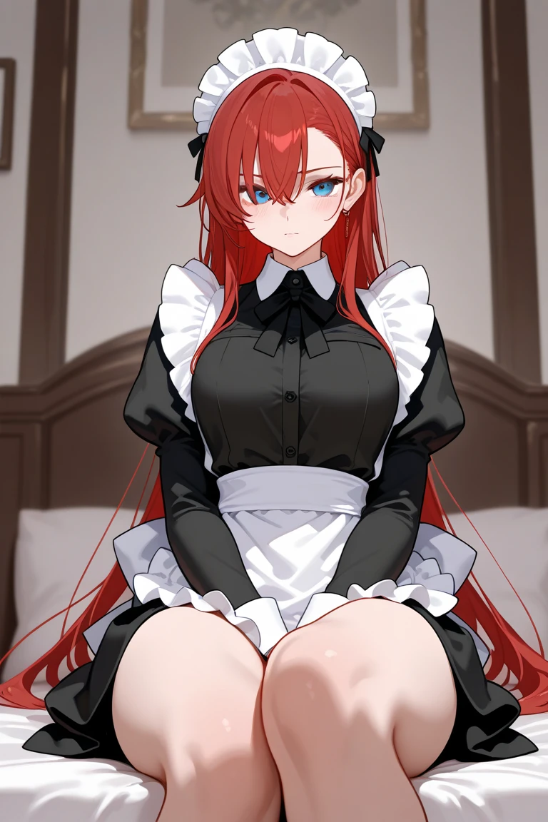 masterpiece, best quality, highres, best quality, highres, rias gremory, 1girl, long hair, maid dress, red hair, ahoge, blue eyes, large breasts, very long hair, breasts, huge ahoge, indoor, bed, pillow, window, (maid), ((maid costume)), meidofuku, lying on bed, spread arm, lying, sucking dick, blowjob , oral sex , big cock , penis in mouth,covered in cum