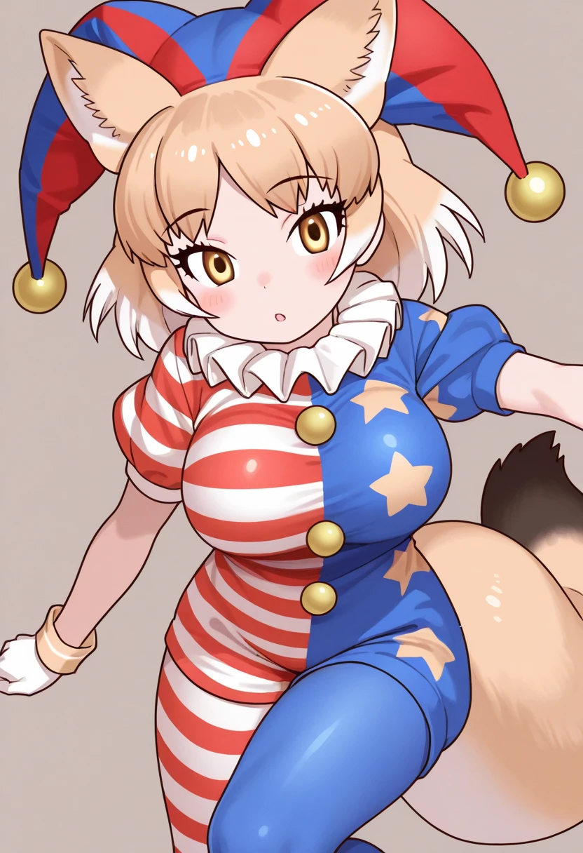 best quality, ultra-detailed, best illustration, masterpiece, high res (1girl:1.3), (large breasts:1.1), ((((alone)))), ((long yellow curly hair)), ((fully enclosed smiling white clown helmet)), ((orange glowing eyes)), ((clown hat)), (((faceless))), (((no face))), (((hidden face))), ((((pale skin)))), wide hips, narrow waist, thick thighs, standing in a circus tent, (((full body skin tight colourful(white blue yellow orange) clown suit with star decals))), (yellow boots), ((short))