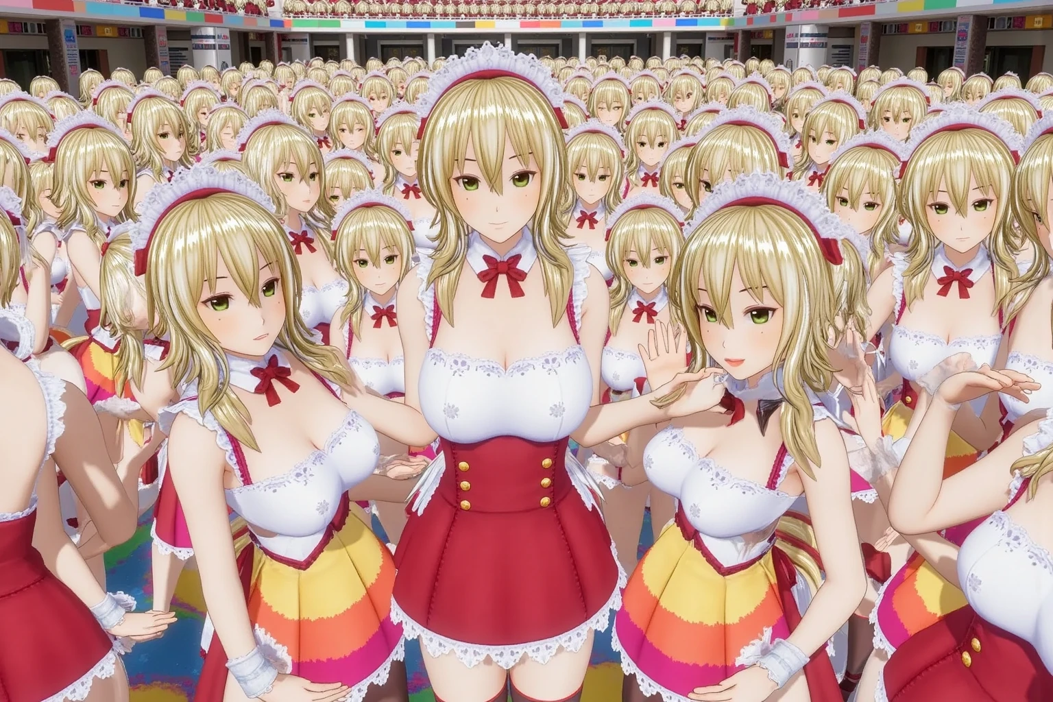 40-year-old naked female idol group kicking one leg up and singing while showing genitals on the bandstand，On stage, he kicks one leg high and waves his hands while opening his crotch to show his genitals.，40-year-old naked female idol，Exposed genitals，bare nipple，Super huge，ultra gigantic tits，thick butt，Blonde drill long hair，Fluffy super mini skirt，Hair band with ribbon at head，Very big，Drill Hairstyles，Whippy body，Glamorous body，thick thight，are twice the size of the face，Nipples are raw and exposed, genitals are visible raw，Smiling and winking，Waving to respond to fans，Happy look，Showing teeth and smiling，On an outdoor stage，on a stage，during daytime，blue-sky，Large crowd