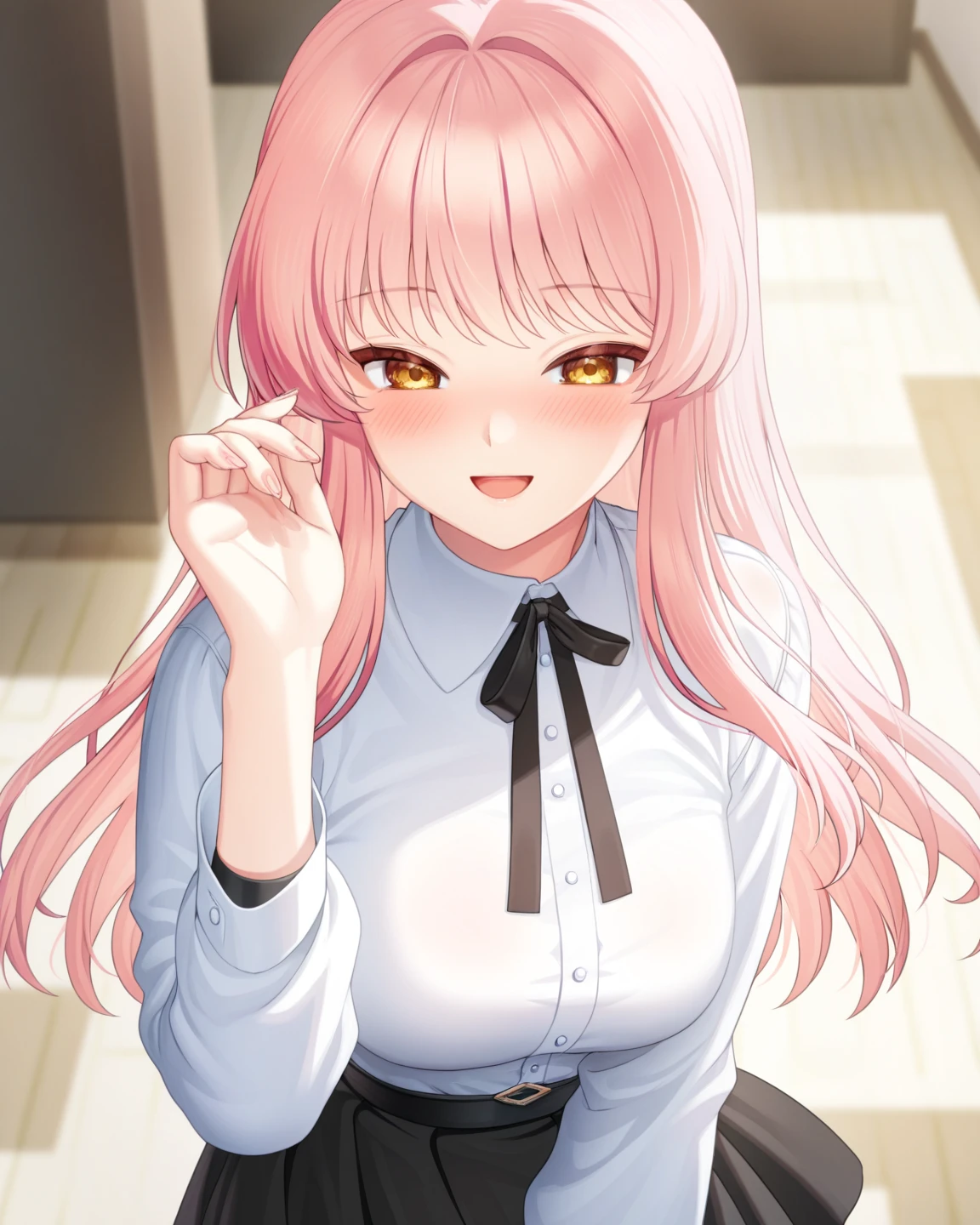(masterpiece, high quality, best quality, 4k, 8k:1.4), 1girl, solo, pink hair, beautiful brown eyes, double-parted bangs, long hair, (mature female, mature:1.2), mole under eye, earrings, white flowy dress, close up, detailed face, beautiful detailed eyes, beautiful detailed lips, extremely detailed face, long eyelashes, intricate details, soft lighting, warm color palette, indoors