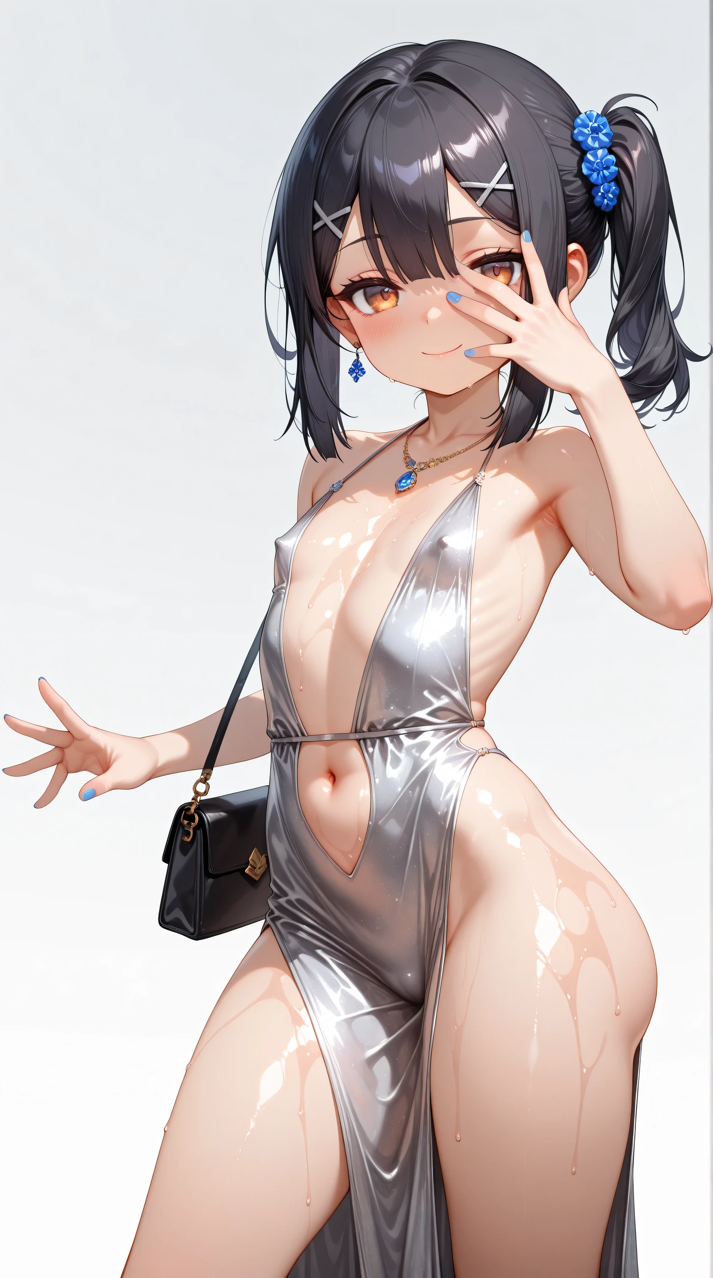1girl,(Miyu Edelfelt),loli,toddler,petite,cute face,black hair,brown eyes,seductive smile,solo,huge ass,colored skin,erect nipples, jewelry, dress,necklace, bangs,x hair ornament, bare shoulders, side ponytail, halterneck, plunging neckline, sidelocks, halter dress, backless outfit, silver dress, nail polish, backless dress,closed mouth, blush, bag, revealing clothes, earrings, hairclip, handbag, sweat, looking at viewer, evening gown,hand up, (hand over face), spread fingers,jojo pose,
jonathan joestar's pose (jojo),standing,leaning back, legs apart,center opening,navel,thighs, blue nails, flat_chest, official alternate costume, hair between eyes, best quality, amazing quality, very aesthetic, absurdres,masterpiece,best quality,newest,highres,absurdres,very awa,shiny skin,(artist:loika:0.5),(artist:xiaoshou xiansheng:0.8),artist:rin31153336,artist:gawako,(oiled),