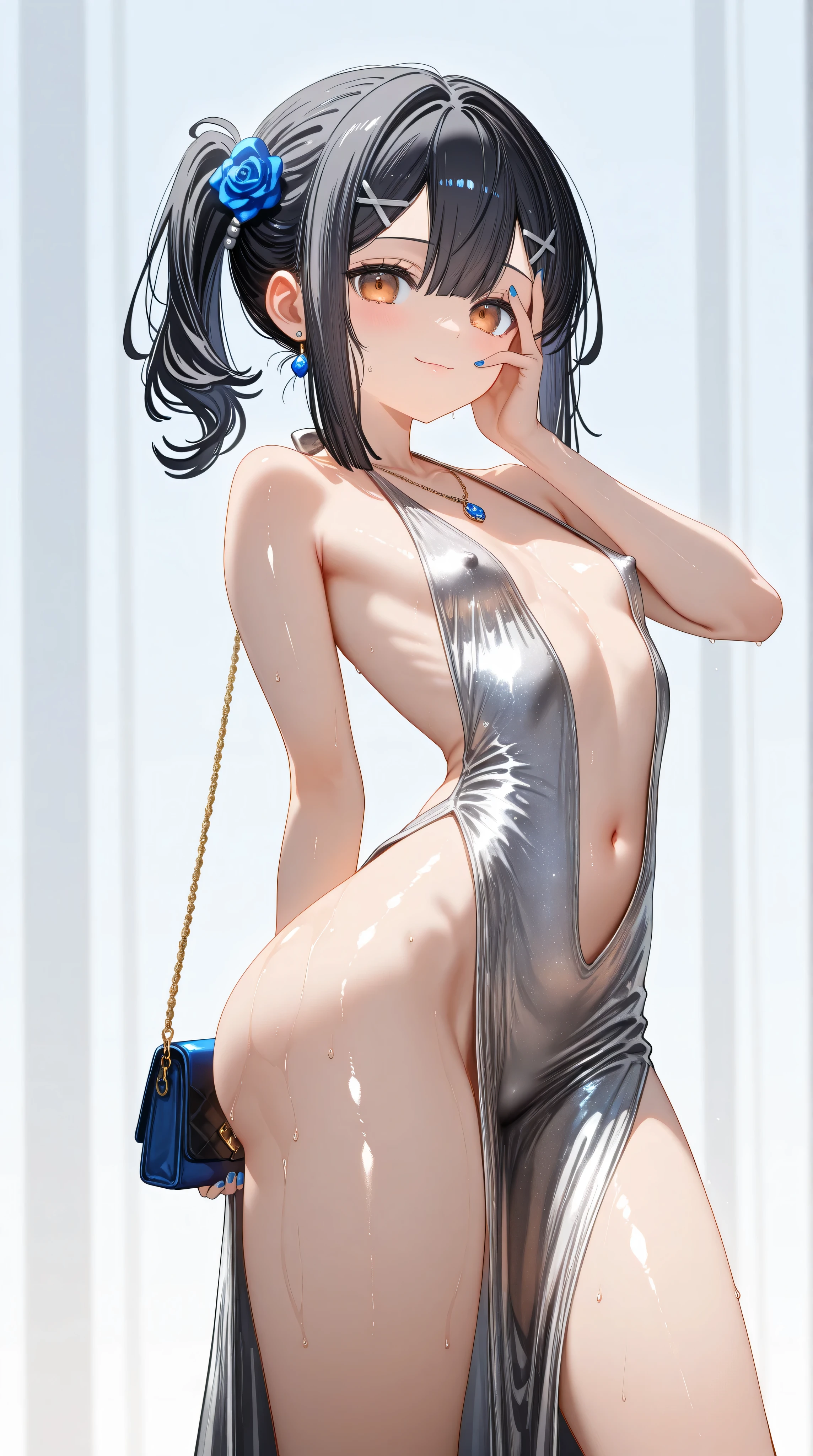 1girl,(Miyu Edelfelt),loli,toddler,petite,cute face,black hair,brown eyes,seductive smile,solo,huge ass,colored skin,erect nipples, jewelry, dress,necklace, bangs,x hair ornament, bare shoulders, side ponytail, halterneck, plunging neckline, sidelocks, halter dress, backless outfit, silver dress, nail polish, backless dress,closed mouth, blush, bag, revealing clothes, earrings, hairclip, handbag, sweat, looking at viewer, evening gown,czs_pose, hand in front of face, arm outstretched, spread fingers,jojo pose,
jonathan joestar's pose (jojo),standing,leaning back, legs apart,center opening,navel,thighs, blue nails, flat_chest, official alternate costume, hair between eyes, best quality, amazing quality, very aesthetic, absurdres,masterpiece,best quality,newest,highres,absurdres,very awa,shiny skin,(artist:loika:0.5),(artist:xiaoshou xiansheng:0.8),artist:rin31153336,artist:gawako,(oiled),