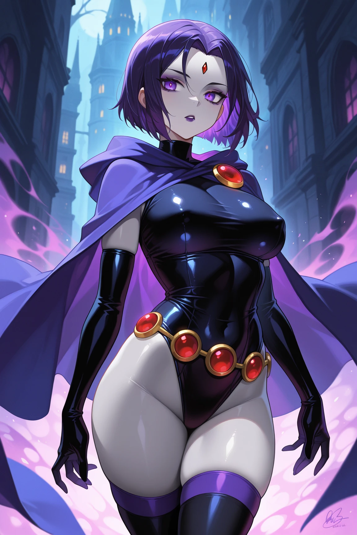 1girl,solo, short hair, purple eyes, pale skin, athletic,rvn,1girl,solo, black leotard, cape, tights, belt, hood on,hotraven