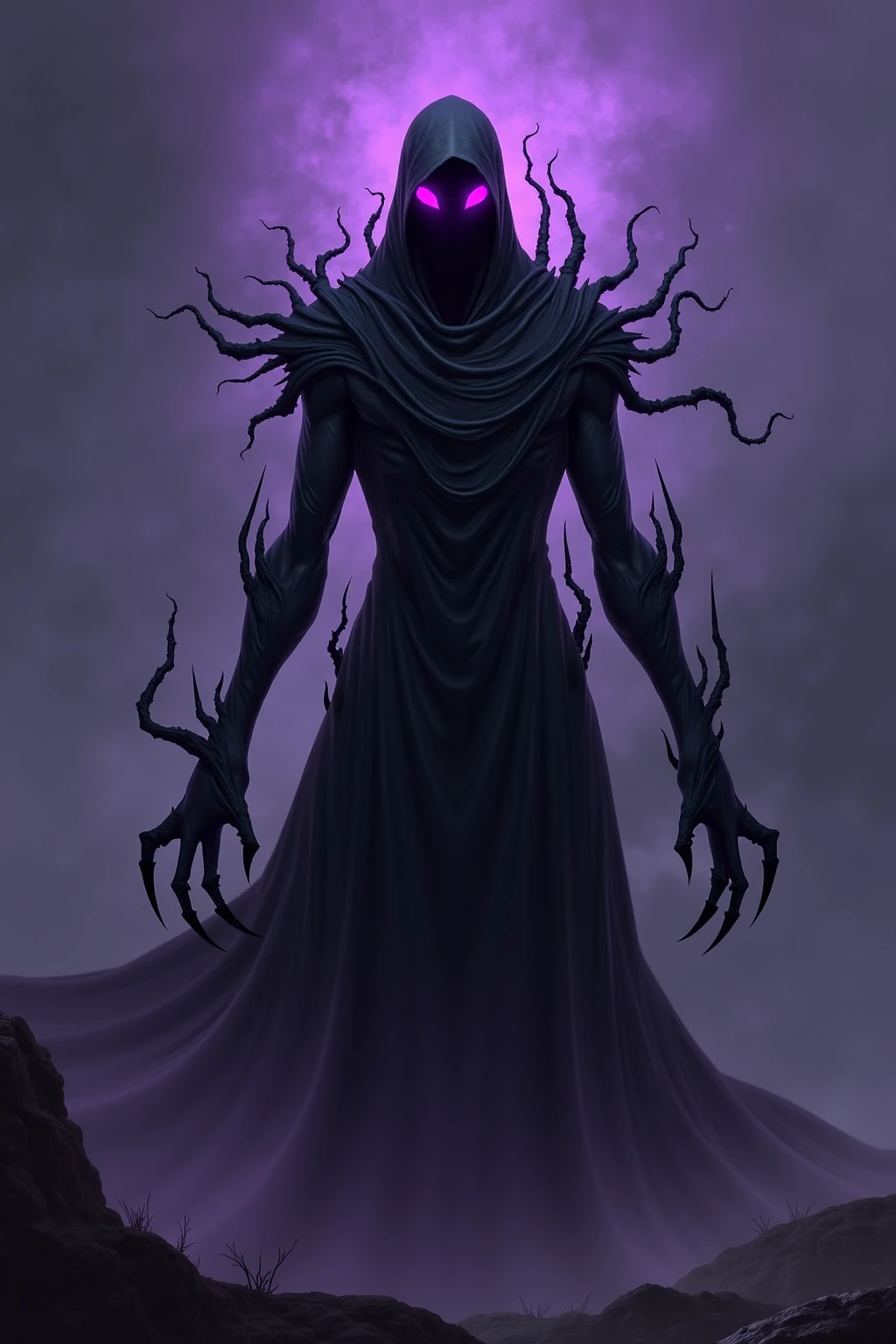 Mind flayer，Inspired by Dungeons & Dragons，Full body concept art illustration of Mind Flayer。The character has human-like proportions，tall、slim and muscular。The character has 4 tentacles extending from its chin，Light purple skin，Almost Blue。The character is dressed in exquisite、Luxurious white academic robes and ornate leather boots。Background is blank