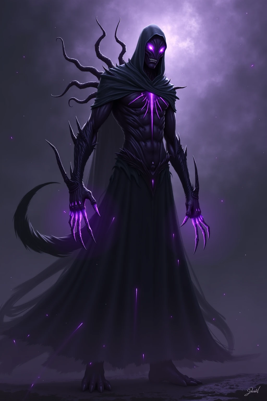 Mind flayer,Inspired by Dungeons & Dragons,Full body concept art illustration of Mind Flayer。The character has human-like proportions,tall、slim and muscular。The character has 4 tentacles extending from its chin,Light purple skin,Almost Blue。The character is dressed in exquisite、Luxurious black academic robes and ornate leather boots。Background is blank