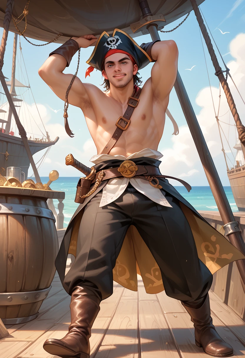Portrait of 1man, muscular, Caucasian, tanned skin, shoulder-length brown hair, brown pointed beard, brown eyes, wearing belt, wearing tight buff pants, (shirtless:1.2), (alien planet with 1 large red sun and 1 small green sun), dramatic stance, on wooden sailing ship, looking at viewer, (intense expression), fists, bokeh, raytracing, realistic textured skin, particle effects, depth of field