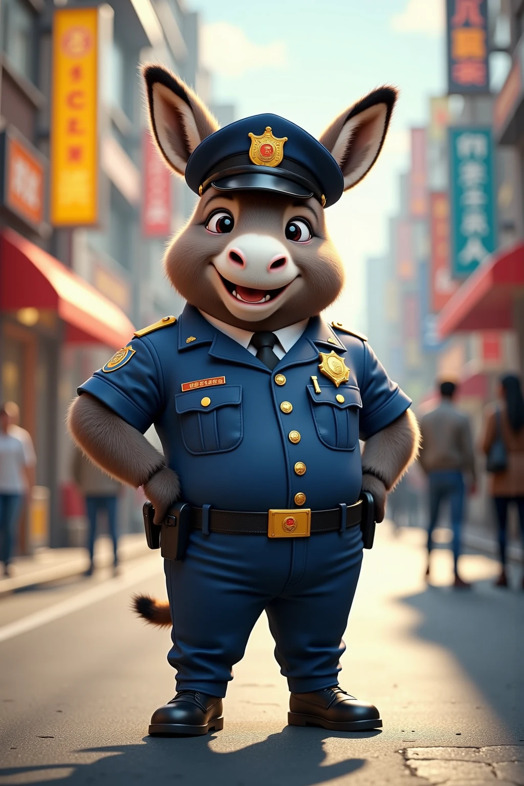 photorealistic portrait of Dressed animals - a ((fat)) [chibi](baby donkey) police,(art by Carne Griffiths),(furry),(happy smile),hand on hip, high quality,(lovely) ,intricate details, highly detailed (police uniform, pants)), police cap, shoes, (happy), natural lighting, city street background,(full body image:2.0),(),score_9, score_8_up, score_7_up, score_6_up, score_5_up, score_4_up,
