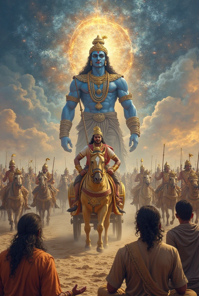 Lord Krishna is driving the 7 horses big chariot and Arjun is standing on the chariot and shooting the bow and Krishna has Sudarshan Chakra in his finger. In very dangerous war field. Lord Krishna shows wide gesture with millions of faces and hands and height cross the universe and arjun see to lord Krishna with stand on knee in field . In sky very black clouds present