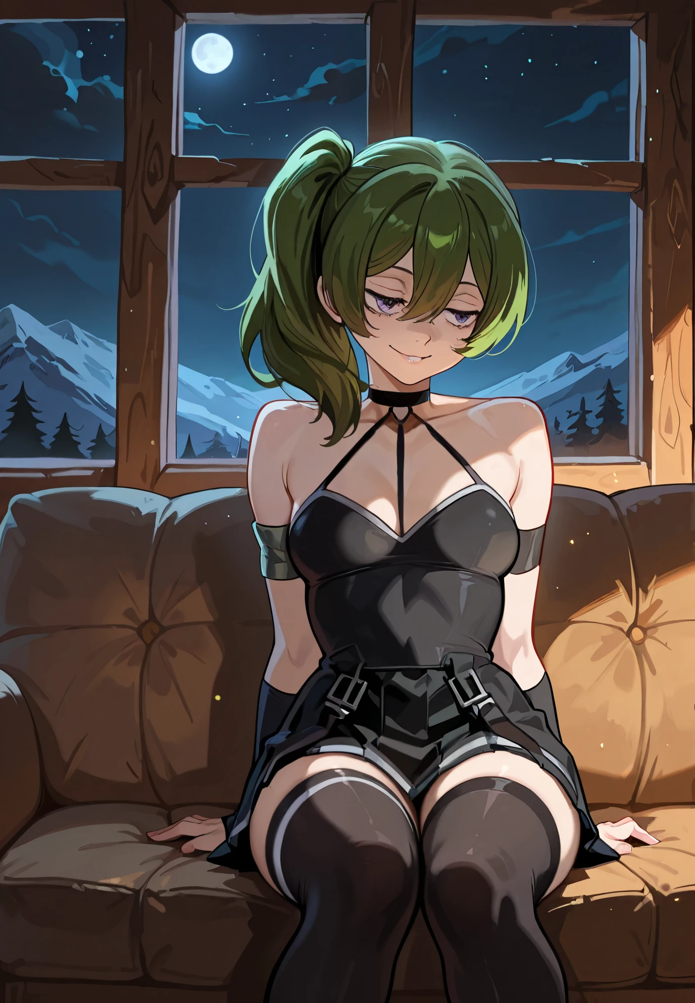 1girl, solo, Ubel, sitting on a couch, sexy pose, alluring atmosphere, BREAK, mountain cabin, night time, beautiful lighting and shadows,