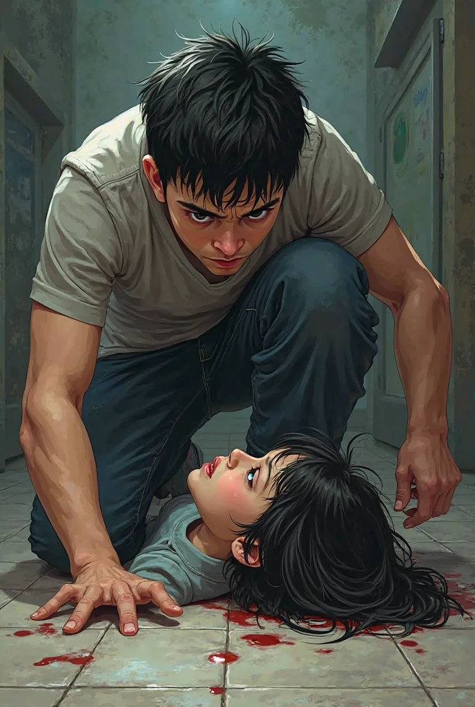 A man laying on his back, arms tied above his head, ankles and knees tied with ropes pulling his legs wide a part. A young teenage girl stands over his with her barefoot planted firmly on his face. The girls barefoot envelopes the mans entire face, only the outline of the mans Head can be seen. The girl is laughing and pointing at the tied up man as she stands on his face.