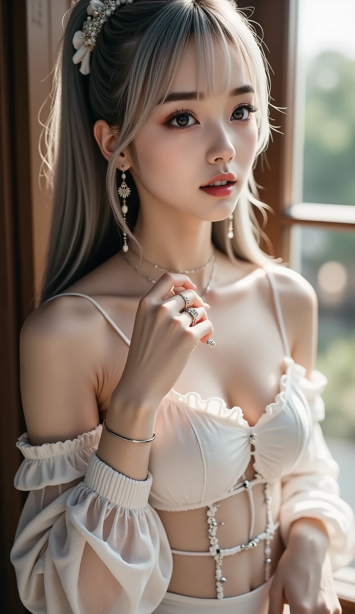 top quality work,Actual work,Ultra Premium Graphics,8K HD CG works,High quality graphics,High-definition CG works,10x pixels,super fine details:1.1,Advanced technical details:1.1Photo-realistic,Indoor Lighting Effects:1.5,Natural light:1.5. light effect(virtual light effect:1.8),超A high resolution,shiny red dress,長いsilver hair,silver hair,transparent hair,high detail hair(premium hair detail:1.1)clear eyes,beautiful double eyelids,sharp eye makeup, delicate eyelash makeup, thin eyebrows, highly detailed eyes,high nose, nice red lips, rose cheeks, A face with delicate makeup , cute face, perfectly proportioned face,(Advanced facial details:1.1),shiny,Summer Sexy Hip Wrap Fishtail Sleeveless Commuter Maxi ,stiletto heels,Beautiful long dress,wonderful dress,bright red series,(Semi-transparent off-shoulder white floral dress) Dress Collection,dress photo shoot,authentic dress work,At the banquet hall,woman'artwork of,full body figure,Dress goddess,realism,wonderful,My eyes are shining today(,(get down on all fours)),(Rear view),(look back),
