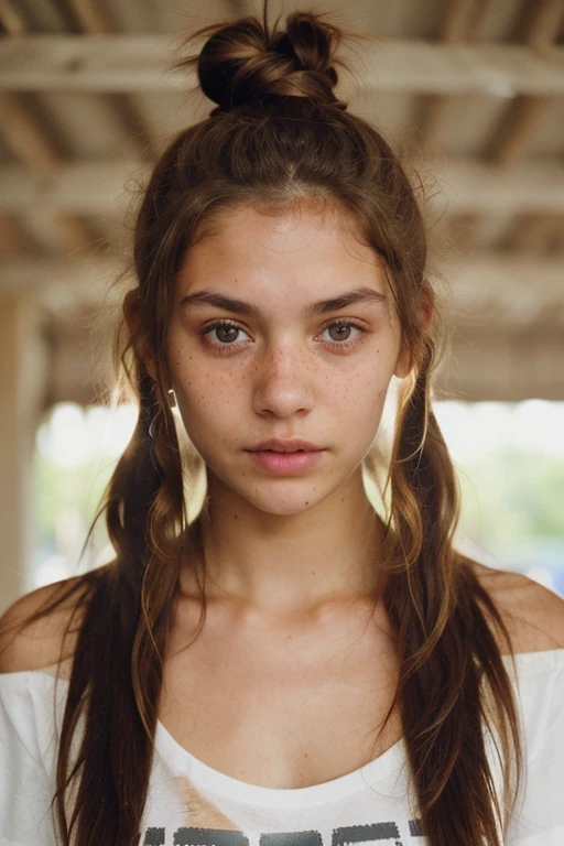 12 year old girl with medium length brown hair, children's pigtails hair, Caucasian facial structure, a beautiful smile on her face and a deep look, she wearing a pink button down shirt, bare shoulders, she in a alley, full body view