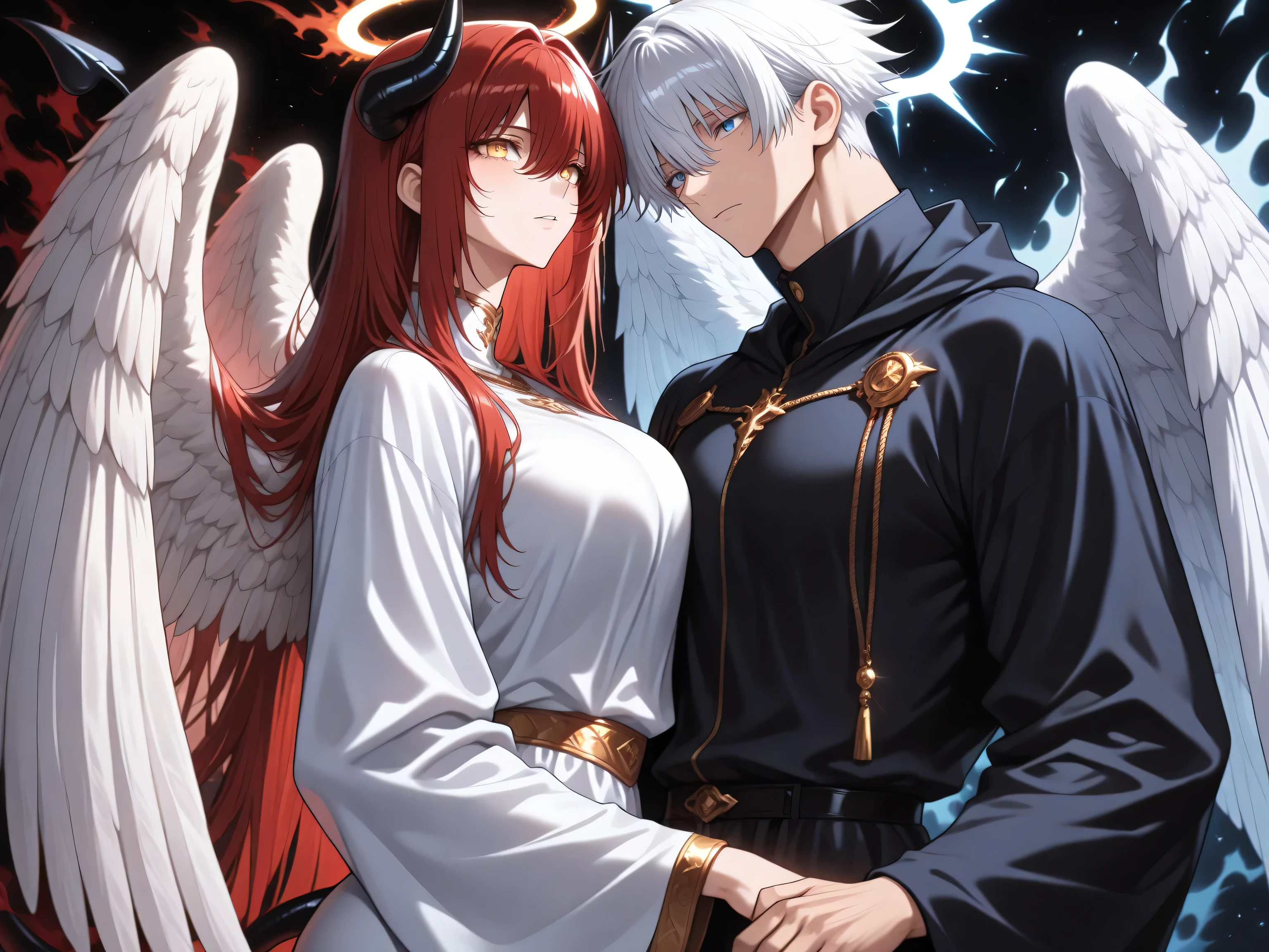 Ultra-realism, highest quality, detailed, 16K, masterpiece, 1 man and 1 woman
BREAK
two people facing each other, looking at each other, BREAK 1 man, male focus, (angel, angel wings, halo, infinite halo,) (white angel robe, light blue aura, black background, ) adult, Satoru Gojo, Jujustu Kaisen, white hair, short hair, blue eyes, muscular, trained body
BREAK 1 girl , female focus, (golden eyes , red hair , very long side hair , long hair , hair between eyes , good looking , sexy girl , cool) , ((Medium breasts)) , (Devil girl , Devil horns , Devil wings , Devil tail , Devil robe , Red aura , White background )
BREAK two different backgrounds, split image, one person right one person left, man and woman, image separated by a line in the middle