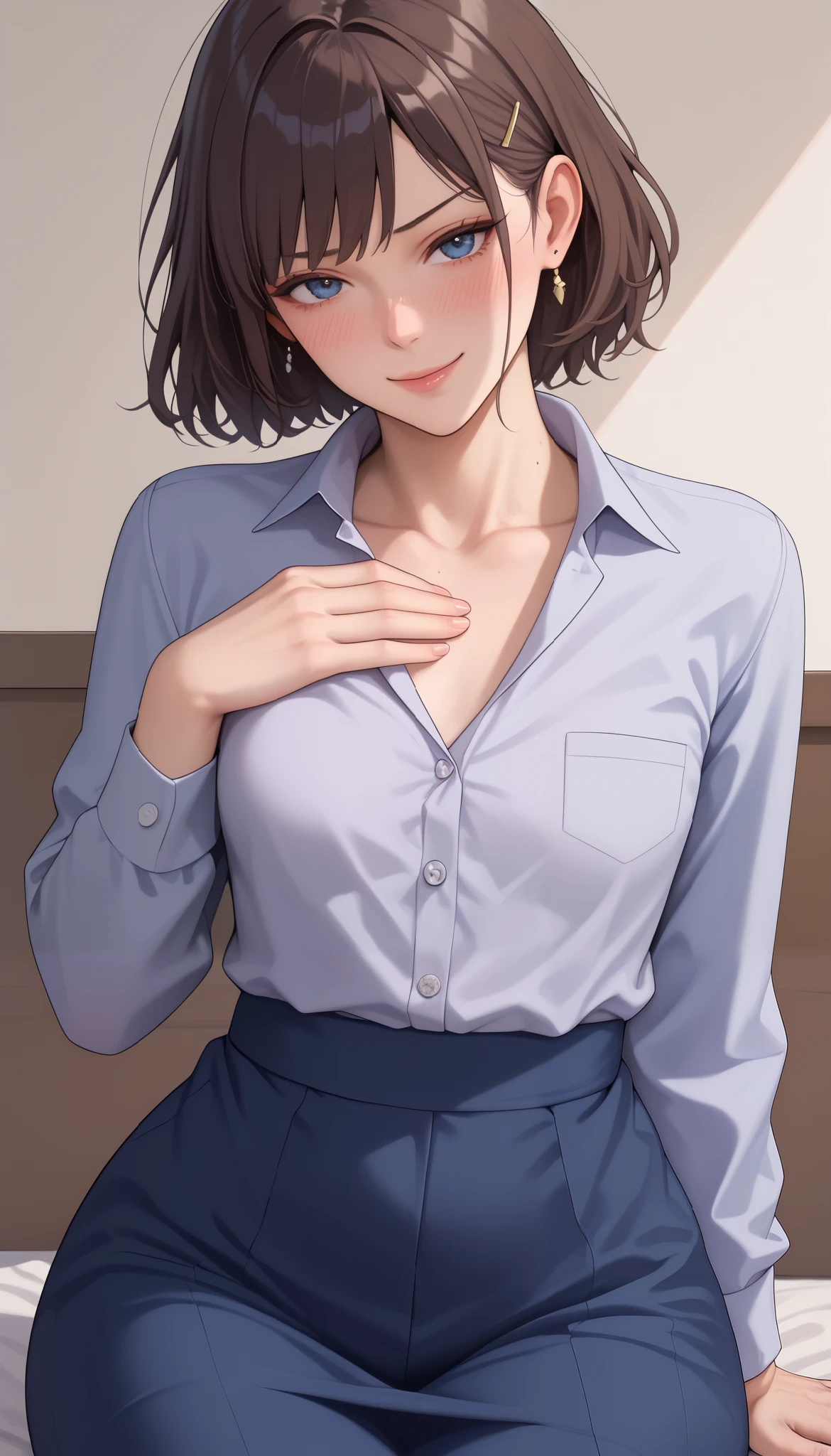 score_9, score_8_up, score_7-up, score 6-up, scoreS score 4_up, source: anime , tag1, tag 2, 最high quality of wavy lines, high quality of wavy lines, Thorough, nothing, 8k, 超nothing, Soft Saturation, Professional quality, perfect contrast, human anatomically accurate, completely complete, completely complete, perfect hair, Completely, perfect body, completed before the shot, Perfect Arms, perfect skin, Clear Face, very small breasts, wide waist, huge ass, sensual woman with hands on her knees, hits an embarrassing, , OK, Shy Blake Miniskirt 、grabbing own bust、smirking with a blush、 looking down at the chest