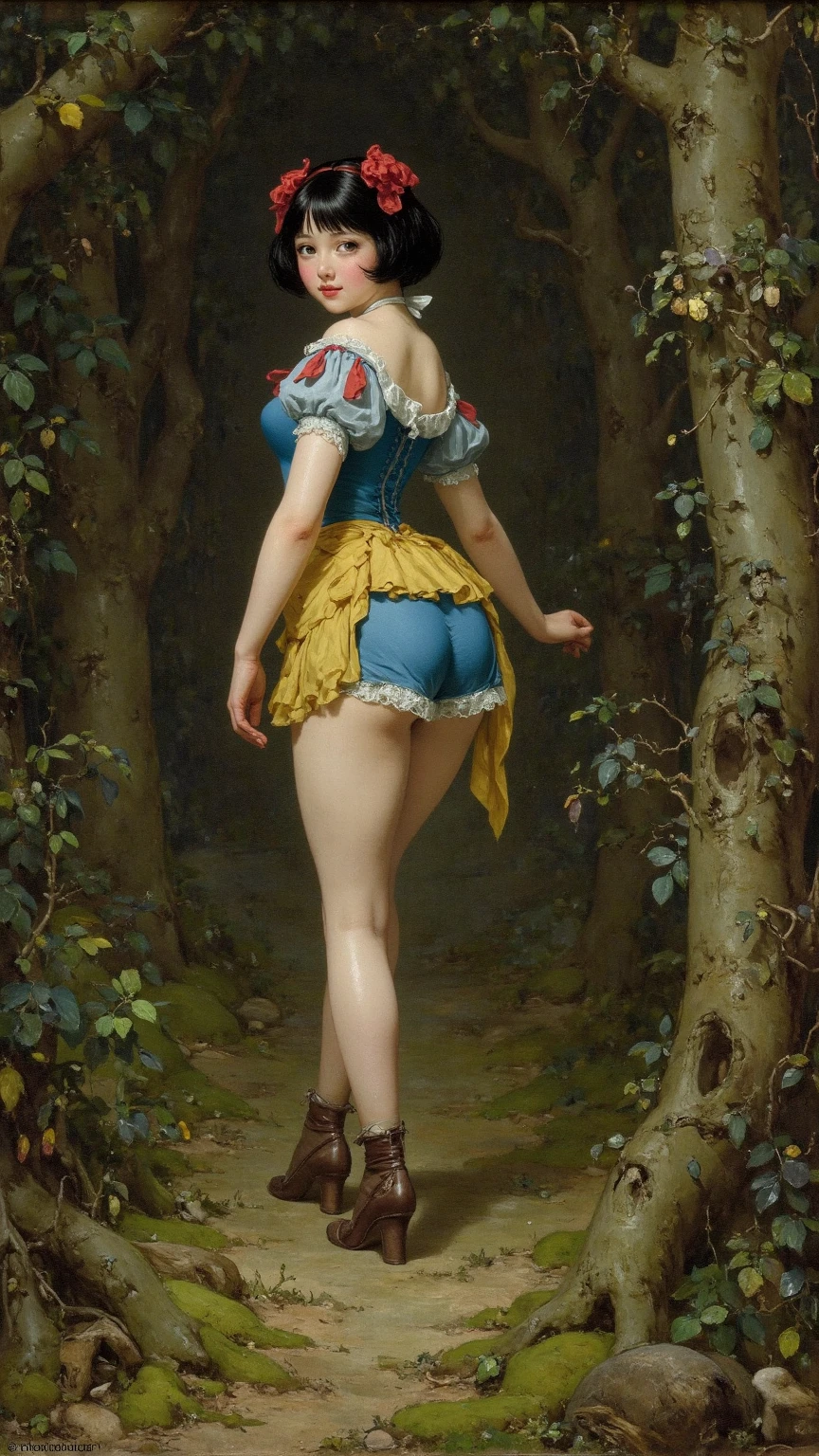 disney snow white, bending over lifting her skirt up, showing her naked bum, vagina, labia, view from behind, detailed facial features, long eyelashes, rosy cheeks, short hair, dark blue dress(White collar, puffy sleeves), long yellow skirt, colorful fairytale forest background, golden light, cinematic composition, photorealistic, 8k, highly detailed, masterpiece, volumetric lighting, dramatic lighting