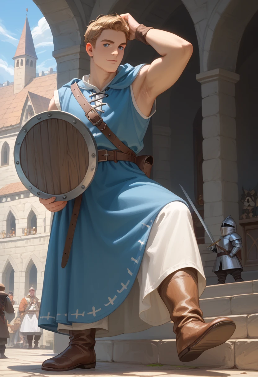 A thin 14-year-old boy，short detailed hair，Slender legs，High saturation，The color is bright，8K，low detail，Light brown skin，，The color is bright，largeeyes，Full body photo，legs stretched，Extra short shorts，Smooth legs，No leg hair，There are no muscles in the legs，Melon seed face，Slightly toothed，Sword Fairy，Royal Sword，A 14-year-old classical teenager，Sword repair，Xiu Zhen，Xianxia，swordsmen，Young man，True dragons，Taoist，Legalism，Yin and Yang Tai Chi，Beggars costume，ragged attire