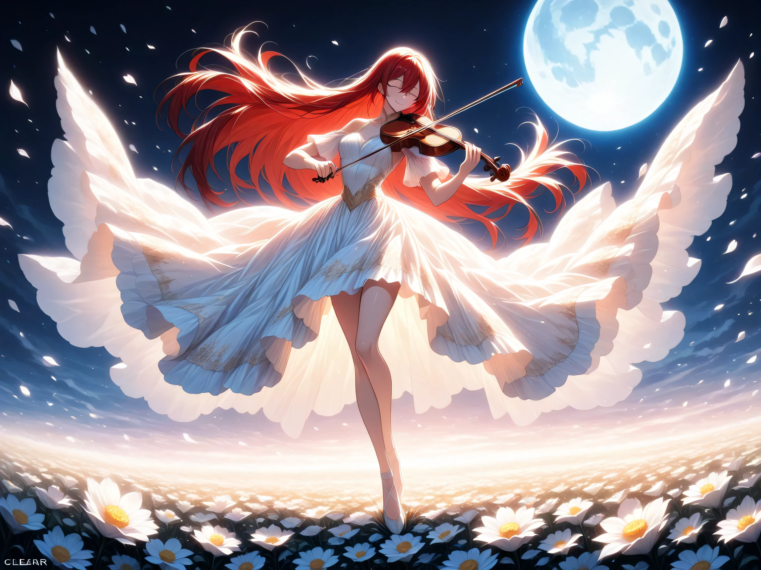 1 girl, red hair, long hair, hair between the eyes, very long side stripes, golden eyes, behind her a man, playing violin, closed eyes, smile, dancing like a ballerina while playing violin, inspired by the artist lindsey stirling, intricate outfit , intricate fabric, white summer dress, modern dress, open shoulders, dancing under a full moon, in a flower meadow, blooming flowers, petals flying through the air,
BREAK masterpiece, best quality, very aesthetic, absurd, latest, cinematic, cinematic lighting, cinematic shadows, cinematic composition, anime coloring, anime screenshot of jujutsu kaisen, hyper-detailed, clear eyes, perfect eyes, perfect anatomy, full body, wide shot
