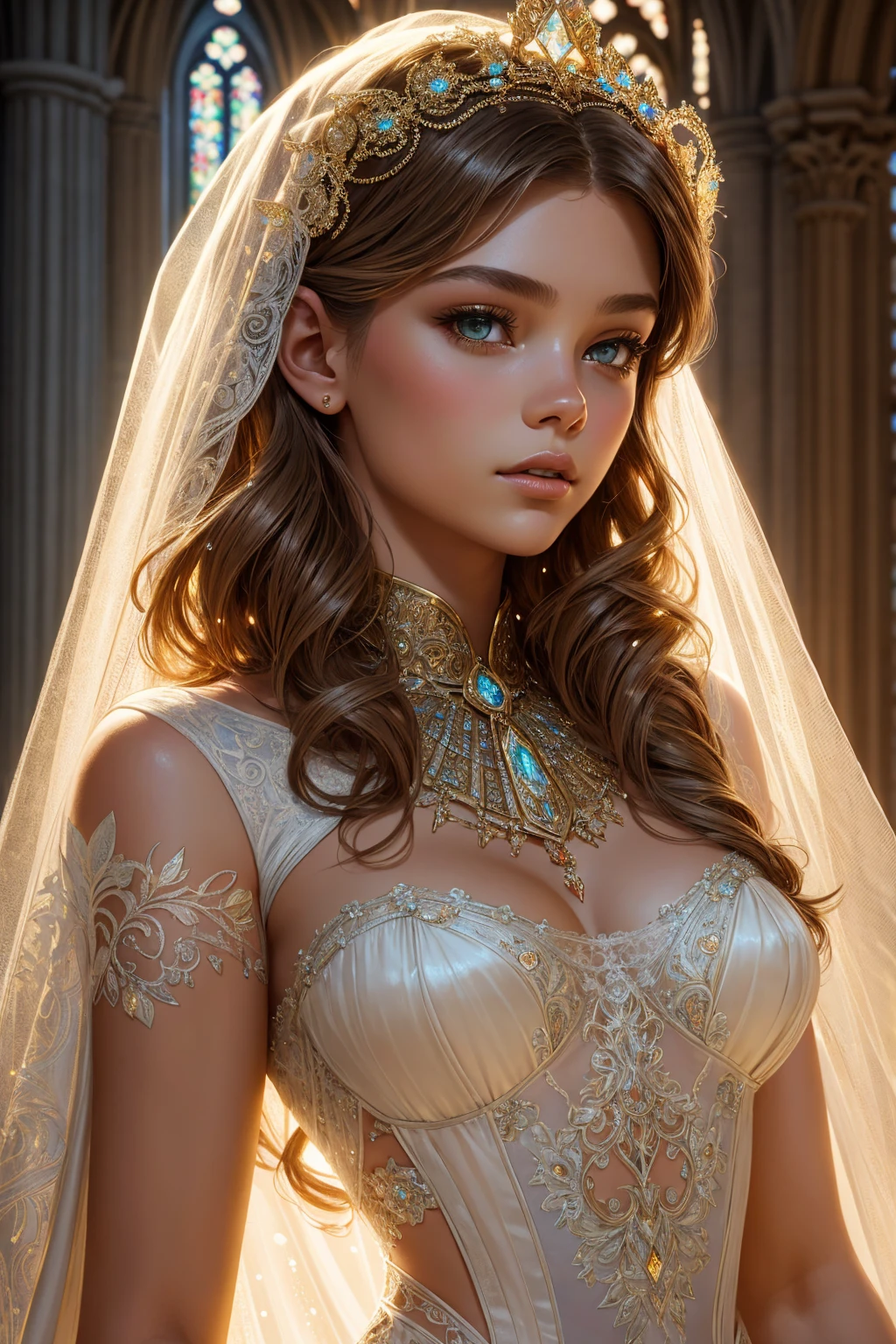 Adriana Lima, wearing veil bride nude gold costume transparent. professionally retouched, soft lighting, realistic, smooth face, perfect eyes, sharp focus on eyes, 8 k, high definition, insanely detailed, intricate, elegant. against the background of the garden.
