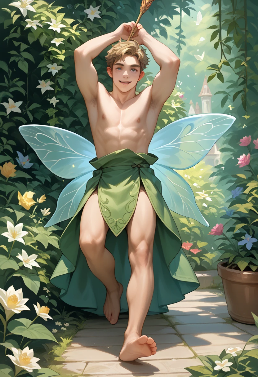 masterpiece, best quality, 1 naked muscular boy, falling from the sky, clouds, balloons, full body shot, looking at the camera,perfect eyes,high detailed,uhd 8k,ultra realistic,photorealistic, yellow and green holographic colors, futuristic, cartoon rendering, cinematic shot, best quality, masterpiece, realistic, 1boy, handsome young looking babyface, elven ears, instagram model, fairy wings, topless, (loincloth underwear:1.1), puffy nipples, torso shot, short hair spiked black hair, forest background, fantastical, overgrown trees and plants,