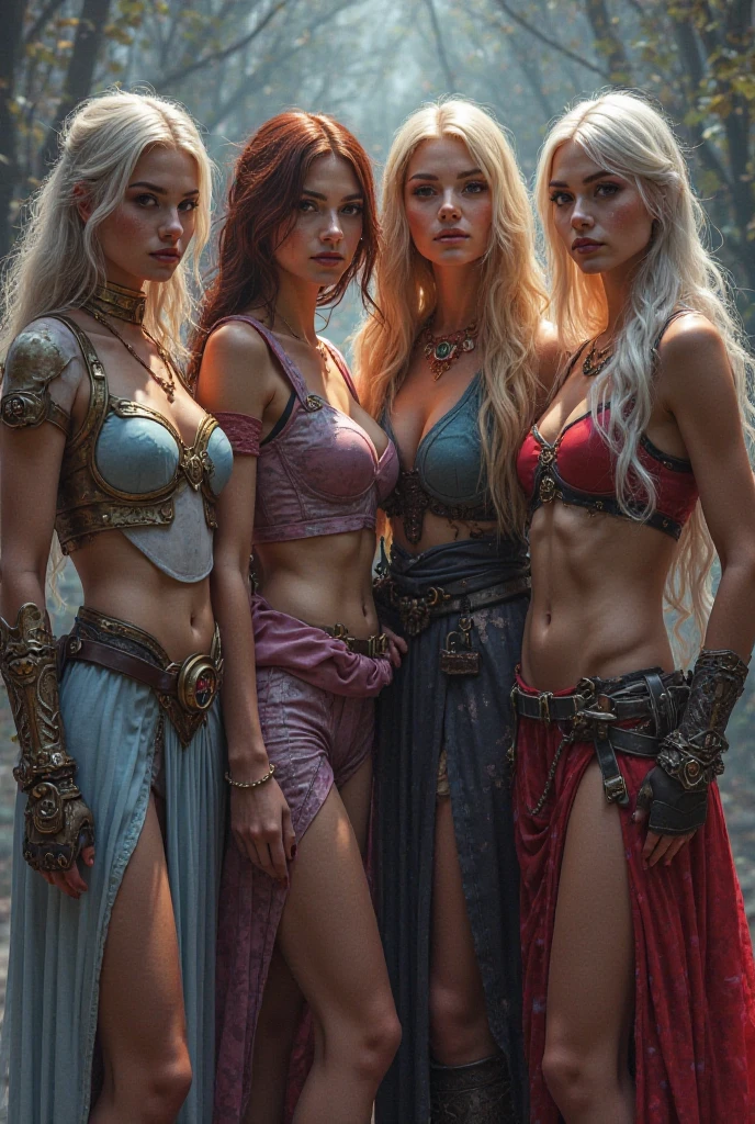 trois femmes de 25 ans, couleurs de cheveux différentes et de visage différents, calin, s'enlaçant, visage fin, cheveux long, tresses viking, , yeux bleus, tâches de rousseur sur tout le corps, HD, 8K, masterpiece, sourire romantique, visage charmeur, topless, viking tattoo, celtic tattoo, sous la pluie, sexy, guerrière viking, celtic tattoo, viking chest tattoo, dans une grotte, sous une cascade, sous la pluie, touching, carressing chest, les trois graces