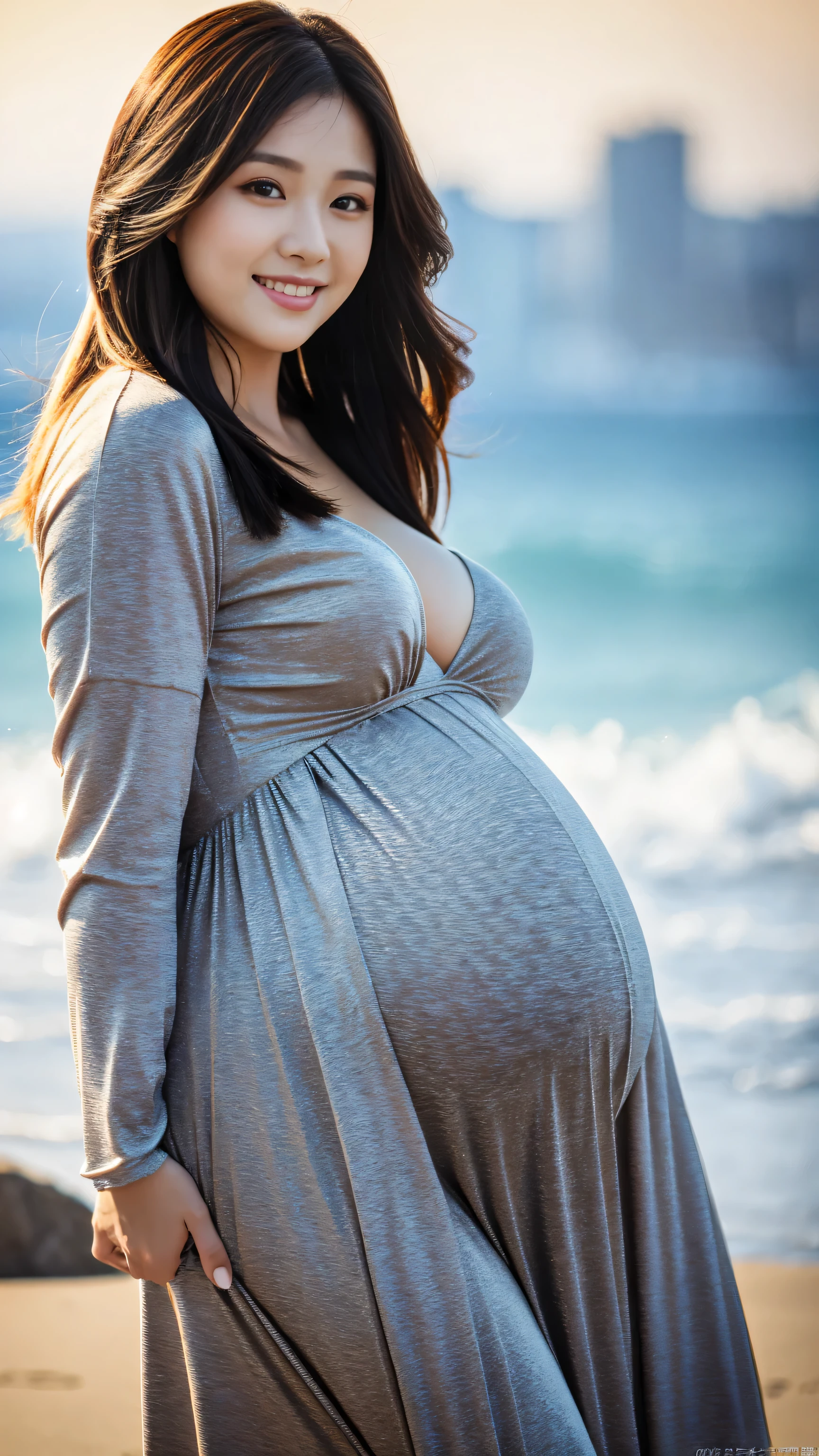 Big woman on the beach, ((huge pregnant)), Sexy Pose, Perfect sexy body, light black hair, hard disk, perfect smile, white dress, ultrarealstic