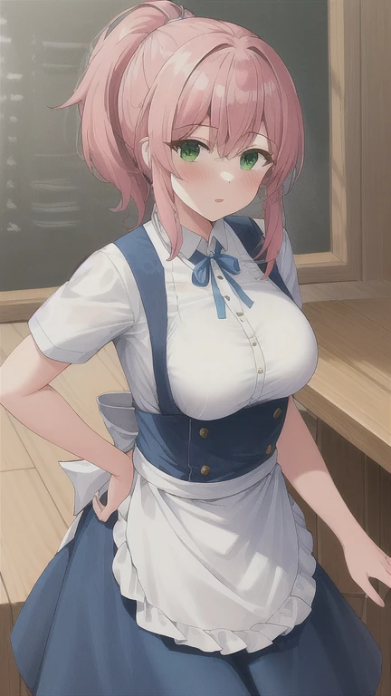 best quality, 1girl, adult, medium breasts, pink hair, medium hair, ponytail, green eyes, waitress, white shirt, blue skirt, blue ribbon, white apron, waist_apron, short_sleeves
