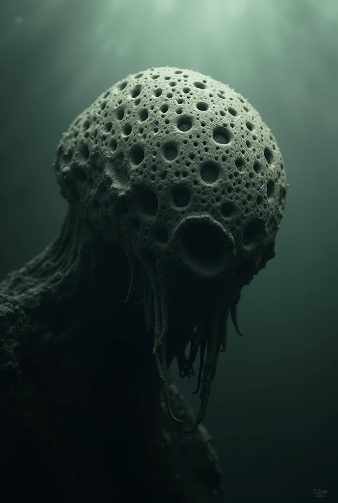 bs, solo, simple background, monochrome, upper body, greyscale, bodysuit, black background, 1other, monster, arms at sides, horror (theme), alien, mutant